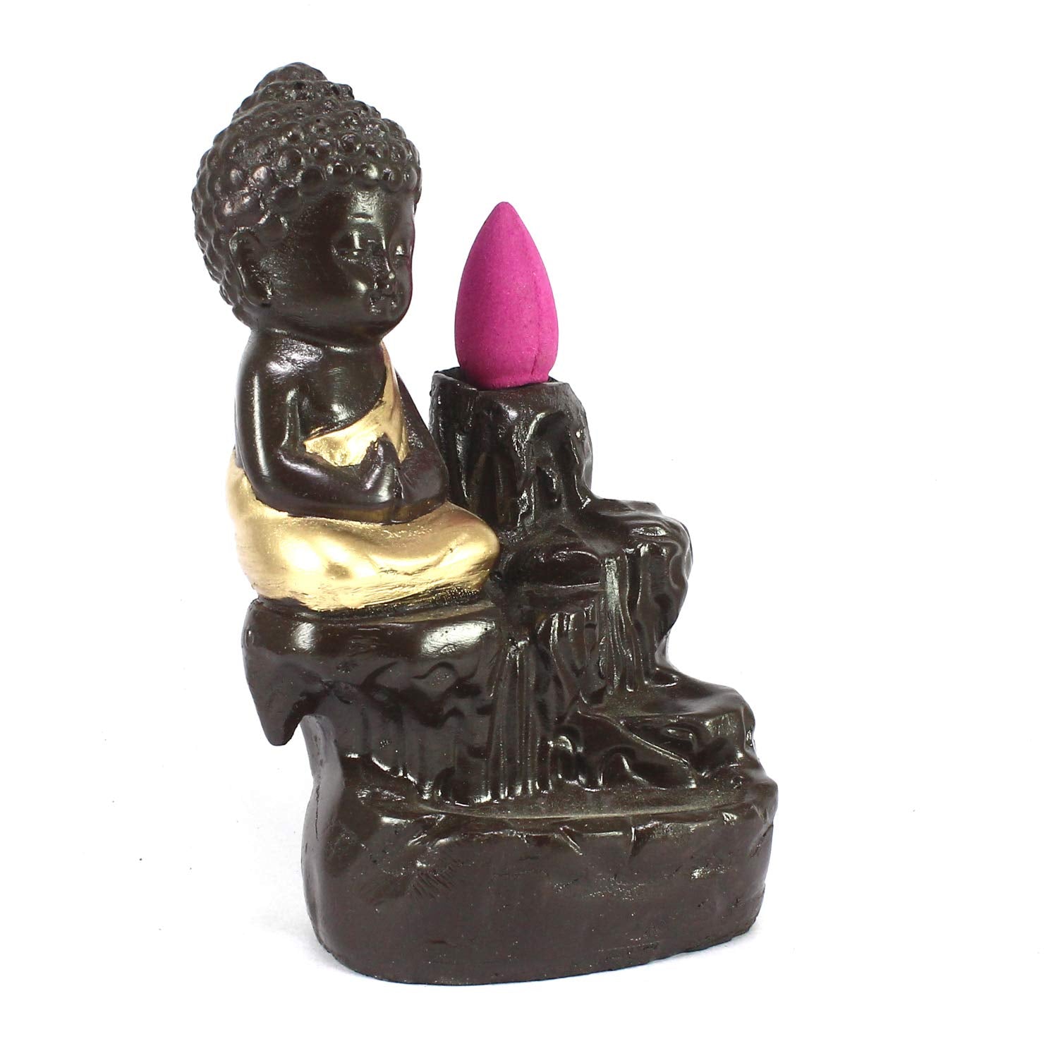 eCraftIndia Black Golden Meditating Monk Buddha Statue Smoke Backflow Incense Holder with Incense Cones Showpiece for Home Decor