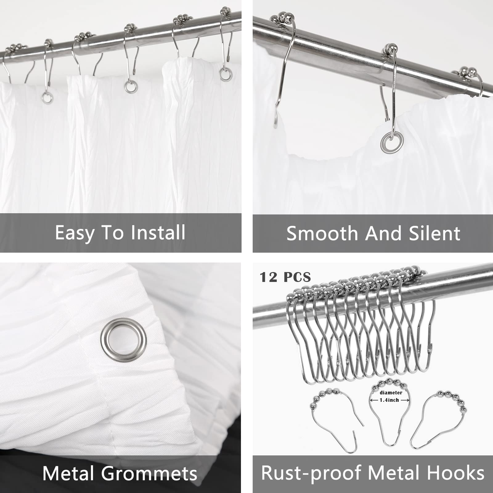 Black Shower Curtain Sets With Hooks, Ombre Black Shower Curtains For Bathroom, Textured Fabric Shower Curtain Liner, 72 X 72 In