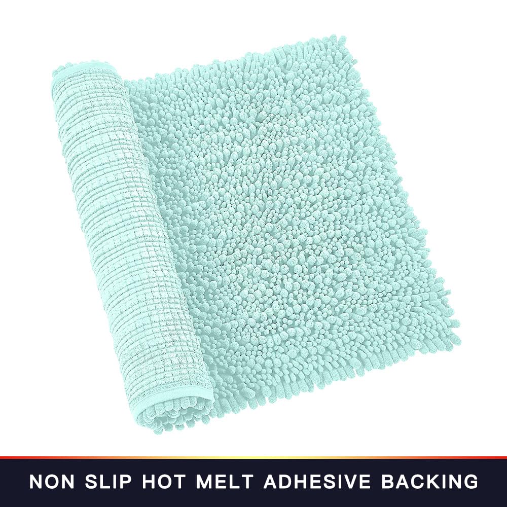 Walensee Bathroom Rug Non Slip Bath Mat (24x17 Inch Spa Blue) Water Absorbent Super Soft Shaggy Chenille Machine Washable Dry Extra Thick Perfect Absorbant Best Small Plush Carpet for Shower Floor
