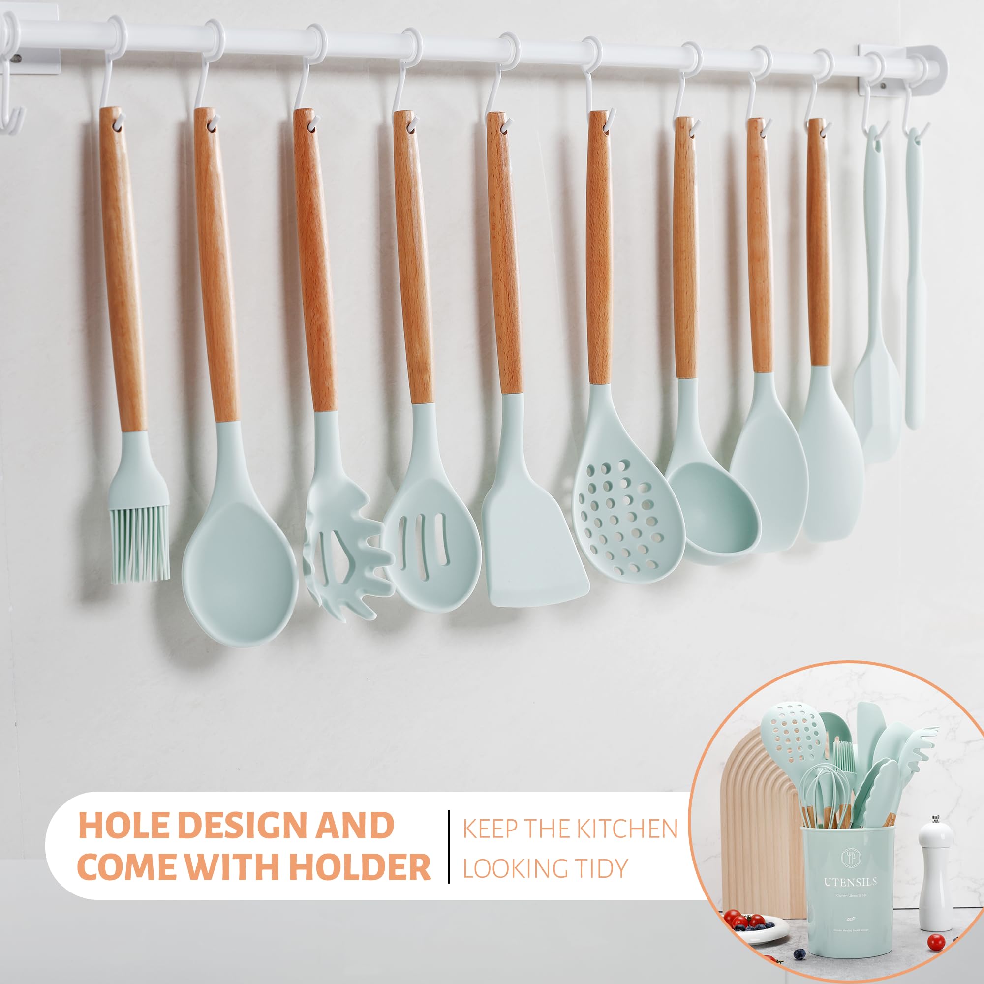 Hvygss Silicone Cooking Utensils Set, Green Kitchen Utensils Set With Holder 26Pcs Wooden Handle Spatula Set For Nonstick Cookwa