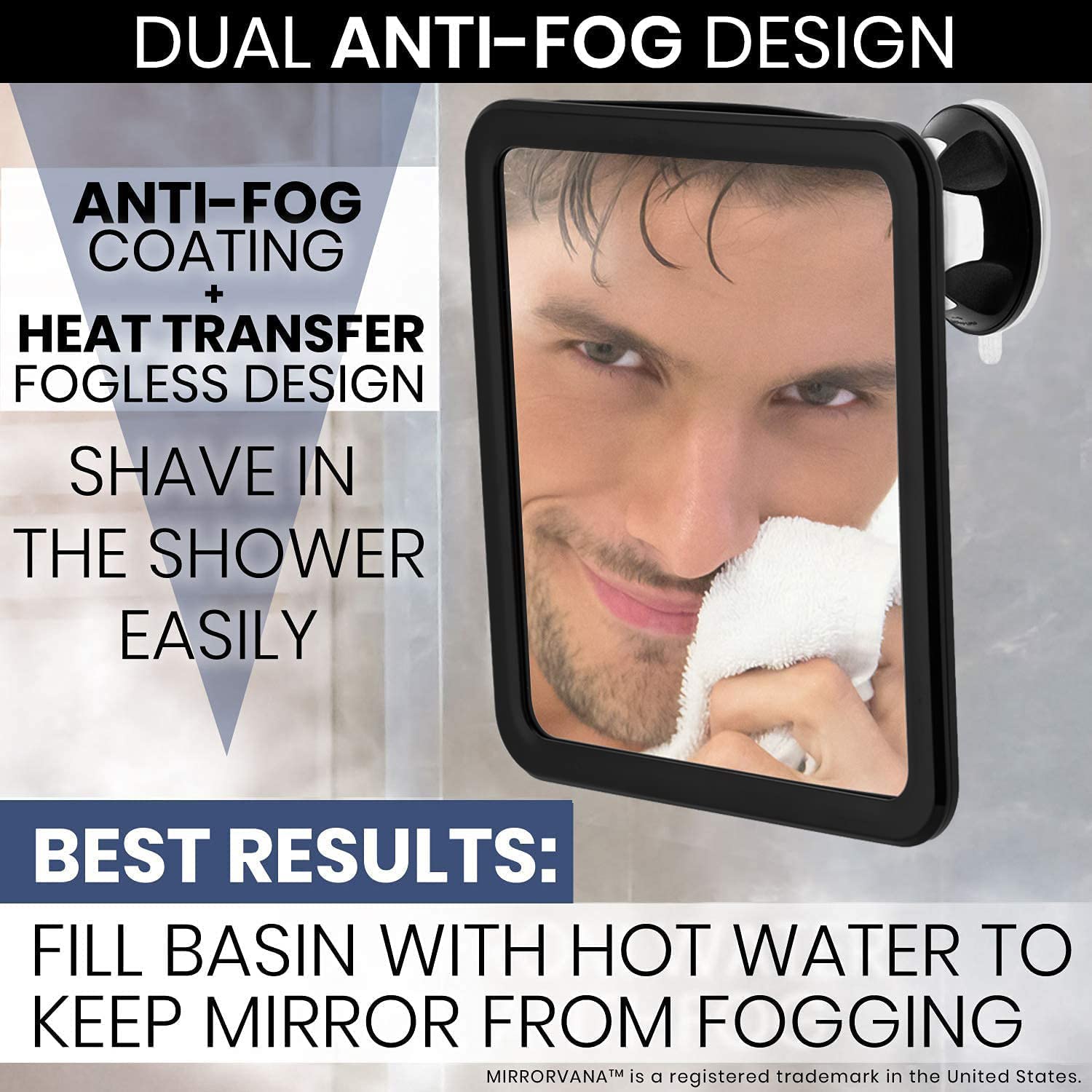 MIRRORVANA Fogless Shower Mirror for Shaving with Razor Holder and Dual Anti Fog Design - Upgraded 360