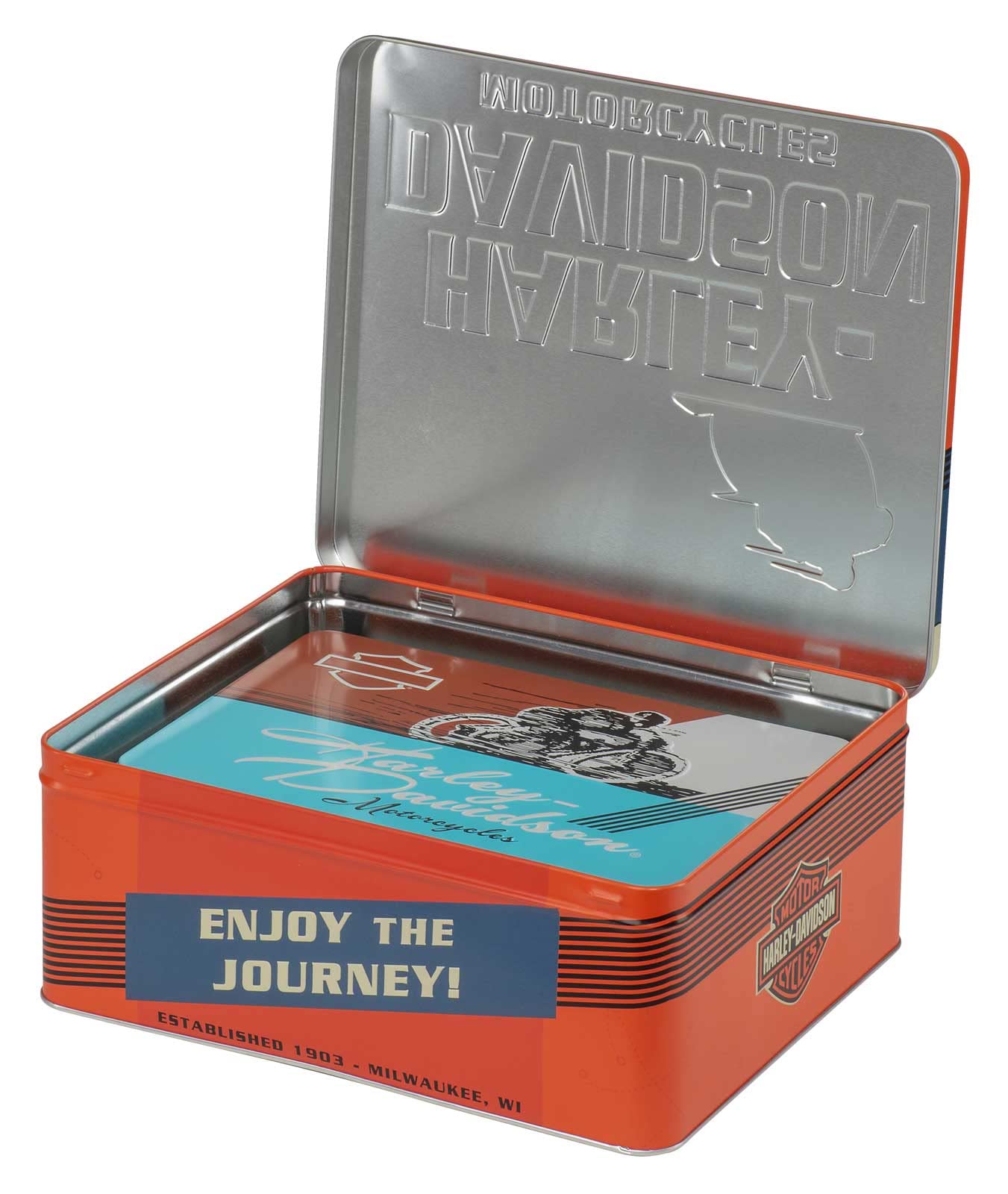 Harley-Davidson Metal Storage Tins Containers, Embossed Vintage Graphics Set Of 2