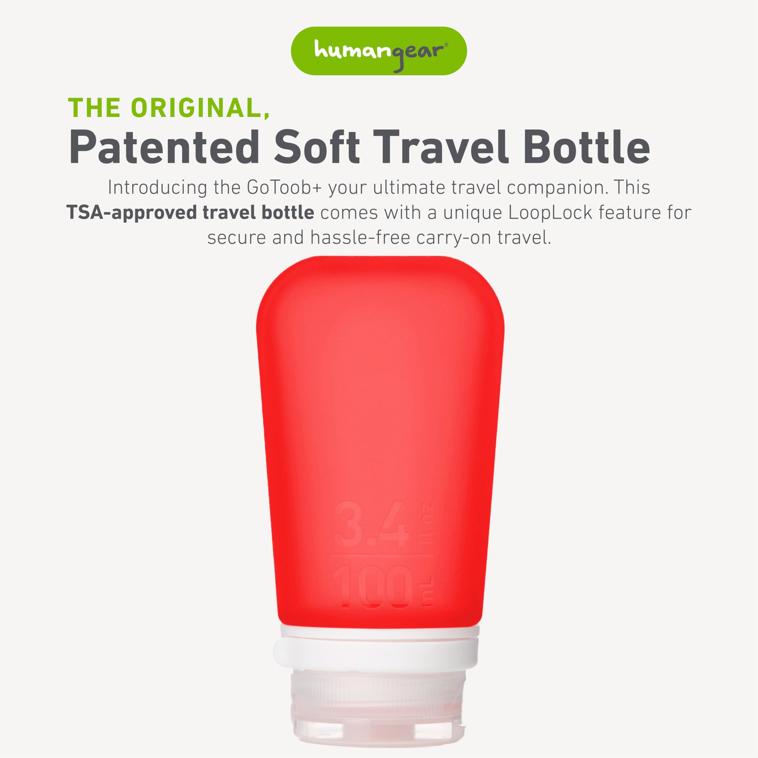 Humangear Gotoob+ (Large) | Refillable Silicone Travel Bottle | Locking Lid | Food-Safe Material | Red, Large (3.4 Fl.Oz.; 100Ml