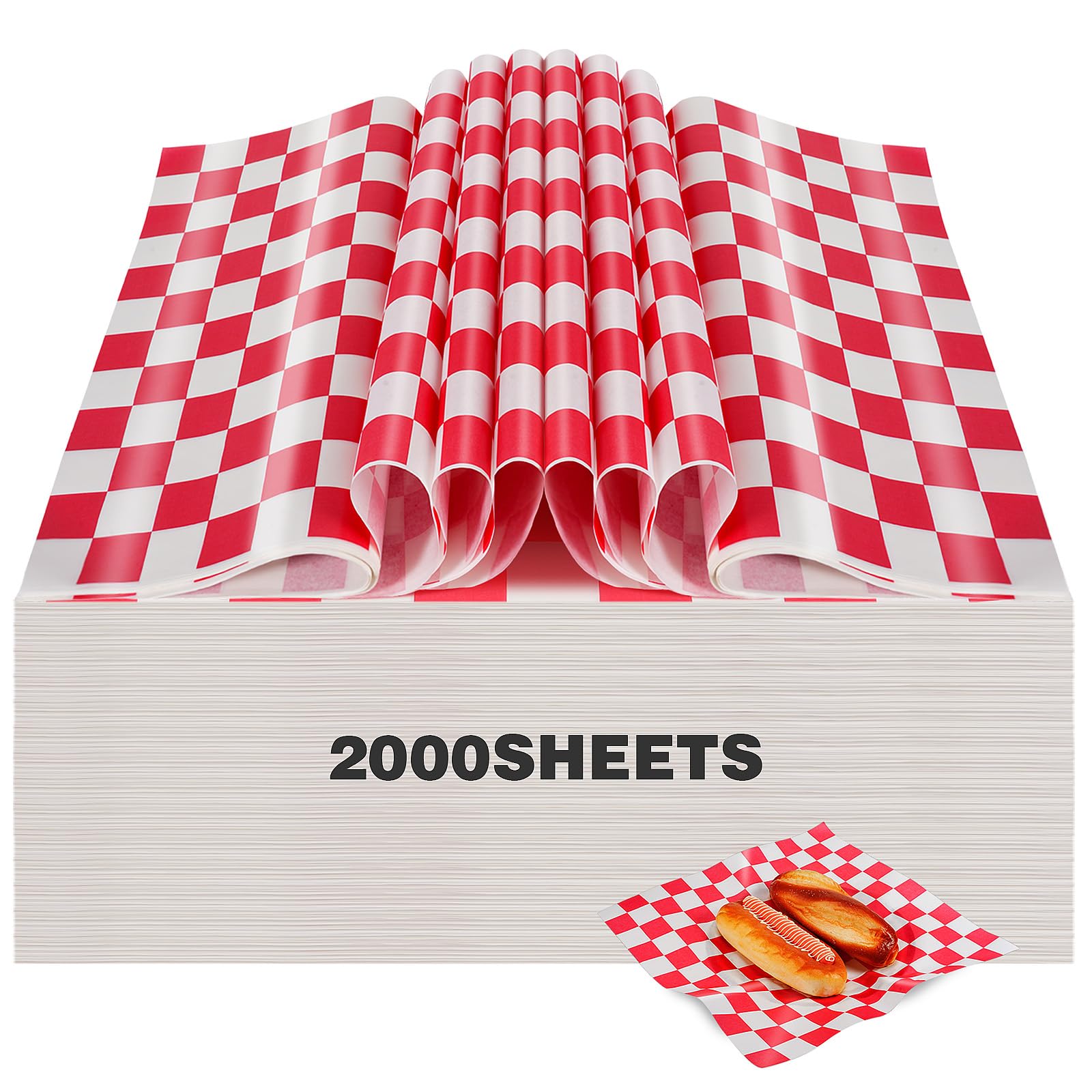 Colarr 2000 Pcs Deli Paper Sheets Grease Resistant Food Basket Liners 12 x 12 Waxed Red Checkered Square Sandwich Paper Wraps fo