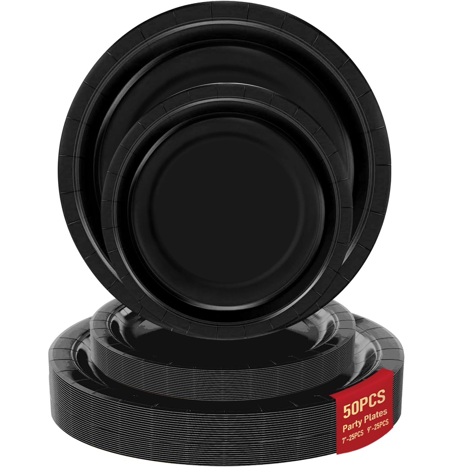 50 Black Paper Plates for Party Set Includes 25-9 & 25-7 Thickened Disposable Plates, Birthday Cake Dessert Plates for Party Sup