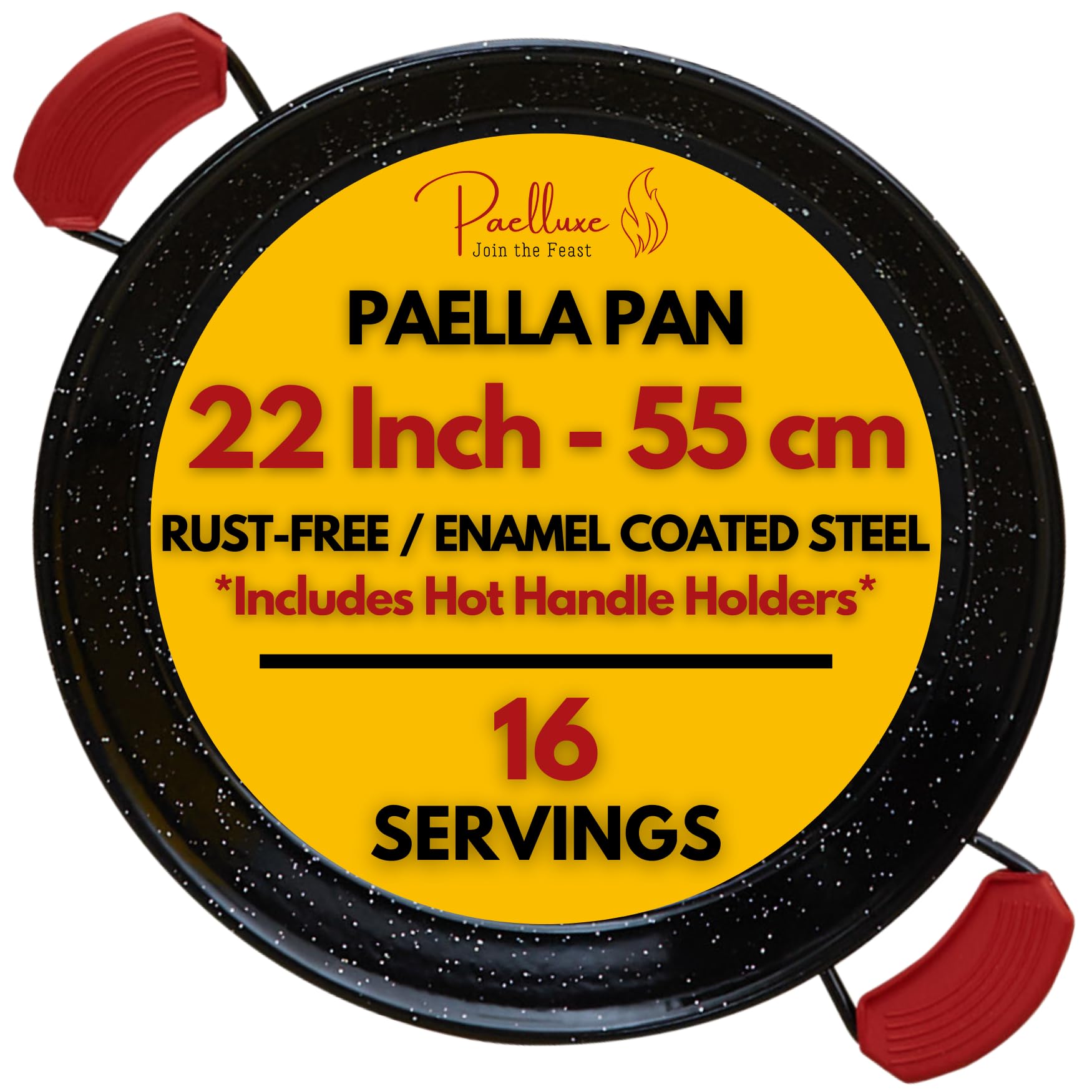 Paelluxe 22 Inch Paella Pan 16 Servings - Enamelled No Rust Easy To Clean Steel Pan Propane - Gas Burners For Cooking - Indoor &