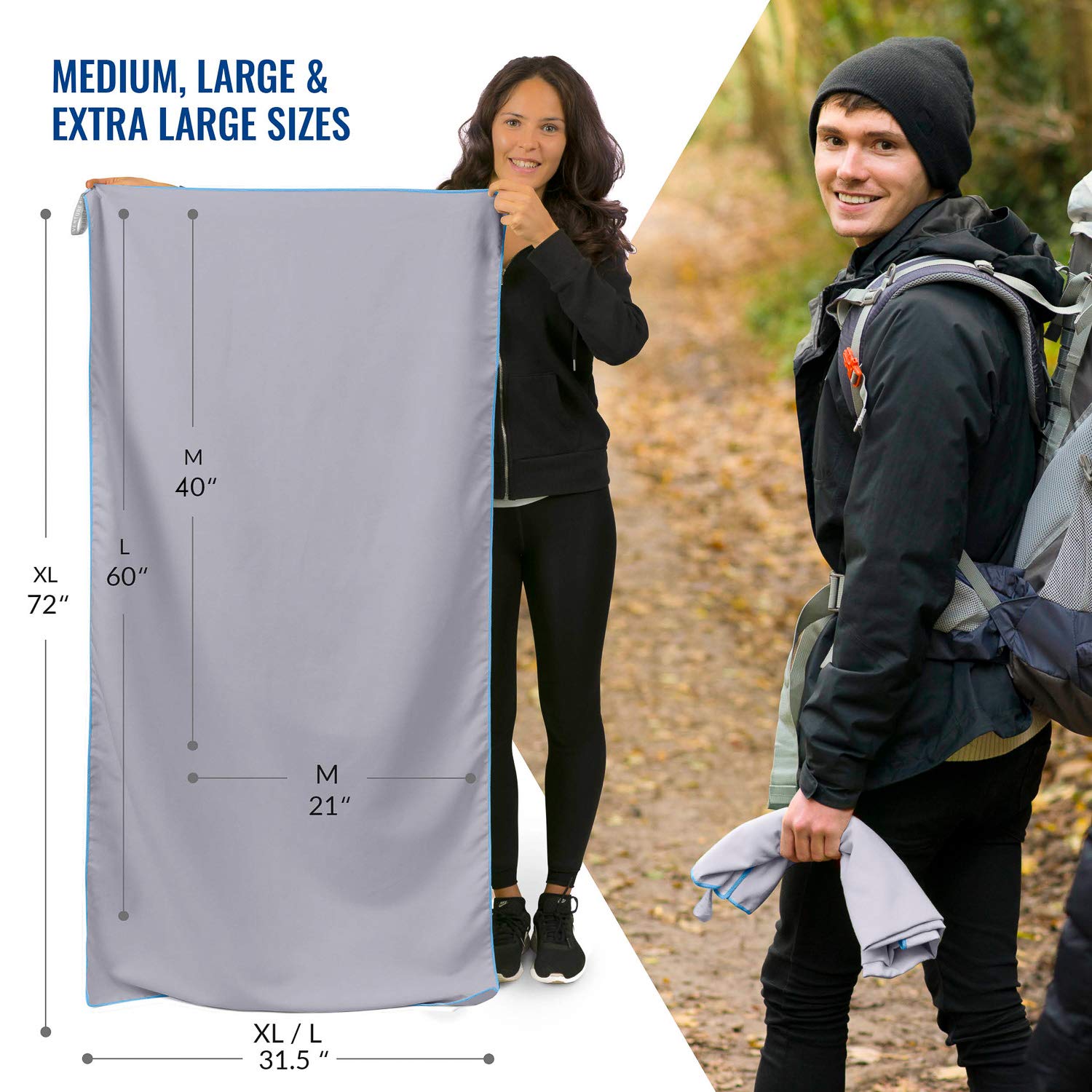 VENTURE 4TH Quick Dry Microfiber Towel - Odor Resistant  High Performance Towels for Gym  Camping  Travel  Yoga and Beach (Gray-Blue Large) - Includes Tear Resistant Bag