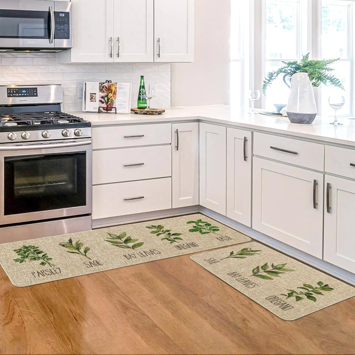 Artoid Mode Parsley Sage Oregano Basil Bay Leaves Decorative Kitchen Mats Set Of 2, Seasonal Holiday Party Low-Profile Floor Mat