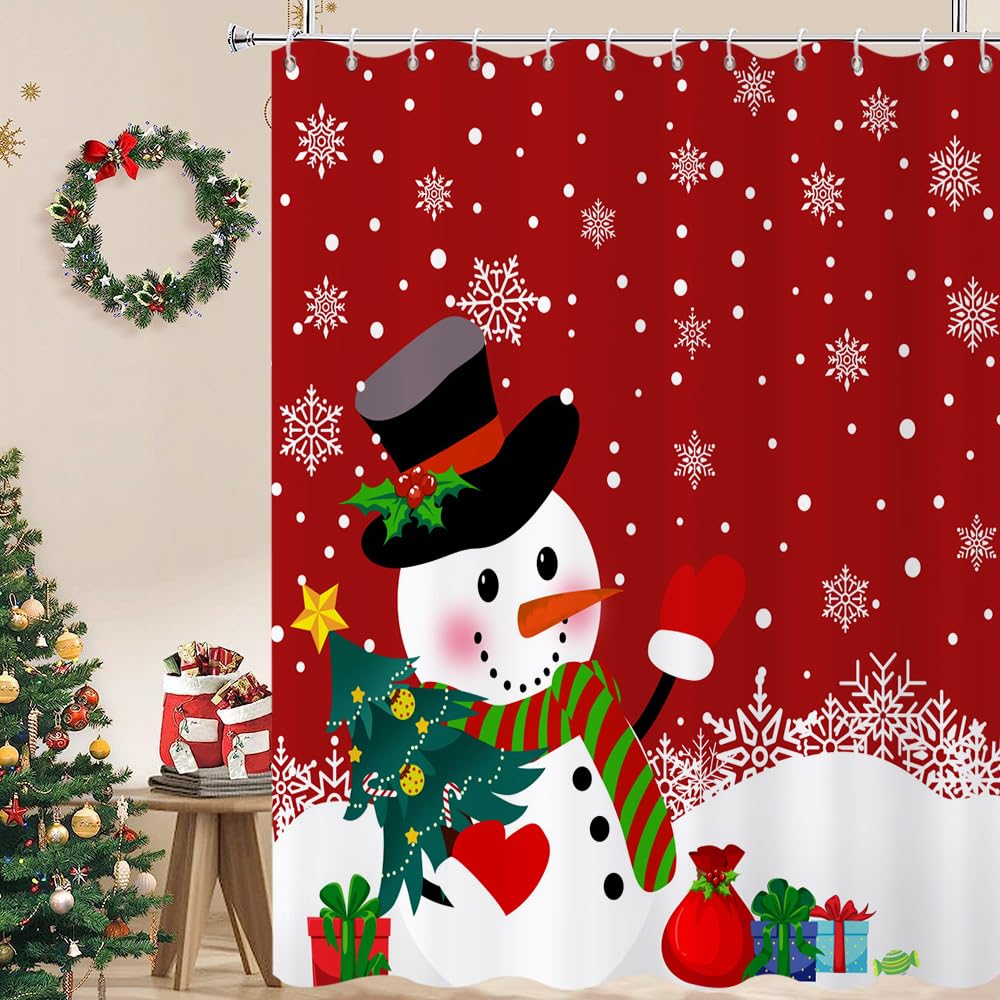 Caheansi Christmas Snowman Shower Curtain, Red Xmas Snowman Snowflake Pine Tree Winter New Year Holiday Bathroom Curtain Waterpr