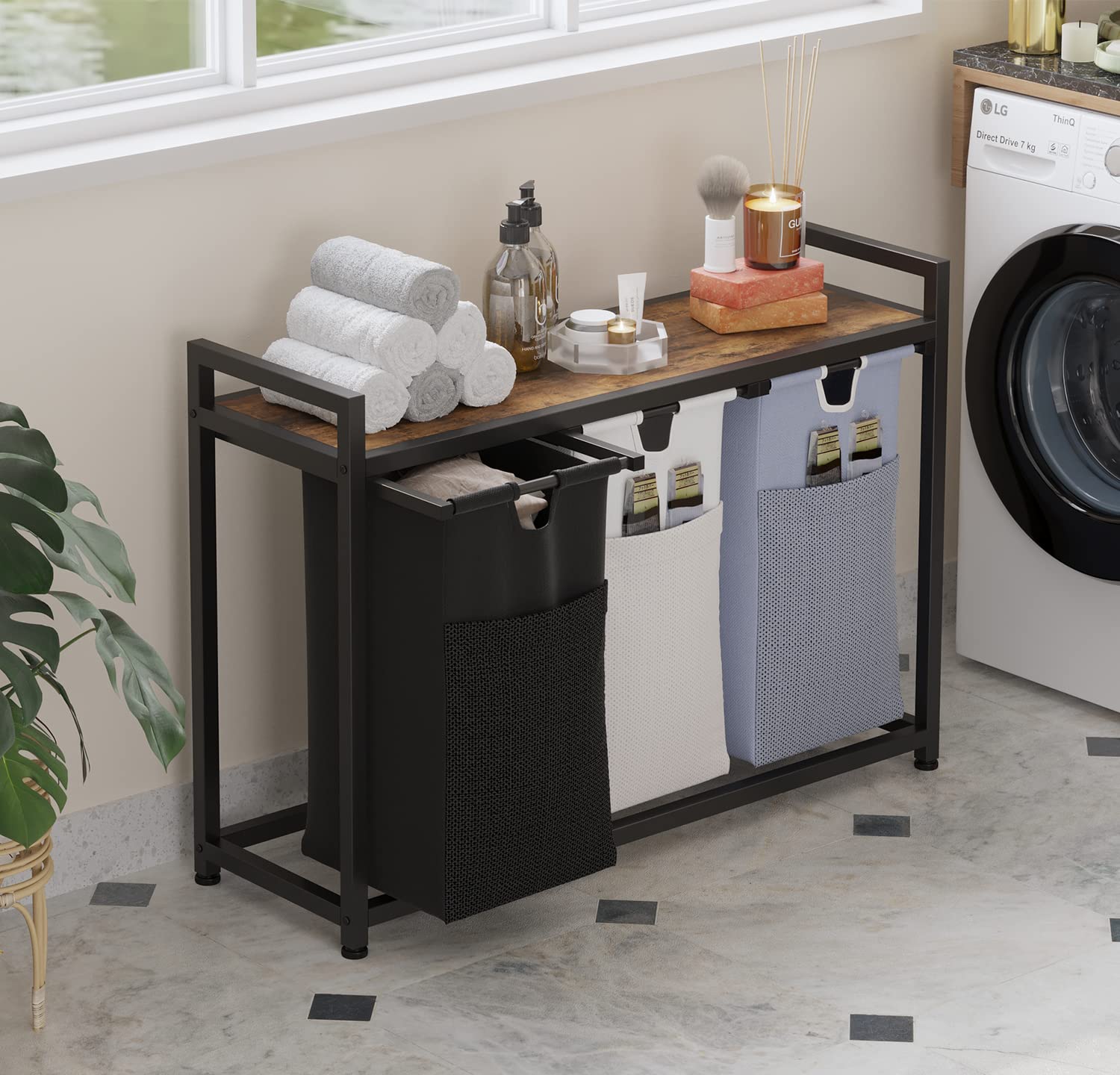 Livehom Laundry Basket Three Laundry Hamper With Removable Bags, Fabric Handles, Large Top Shelf And Laundry Bag For Bathroom, D