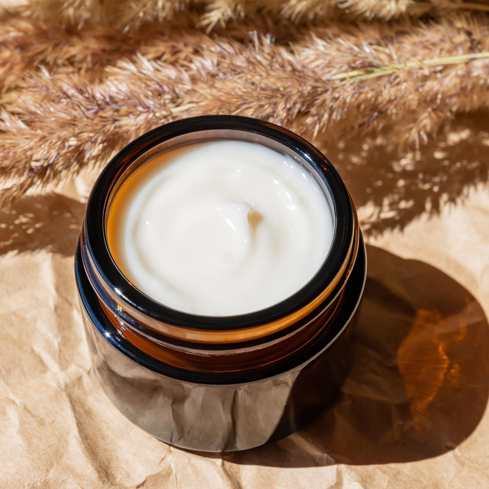 OverNews 1oz Amber Glass Jar  Empty Cosmetic Lotion Containers with Inner Liners Black Lid  Spatula