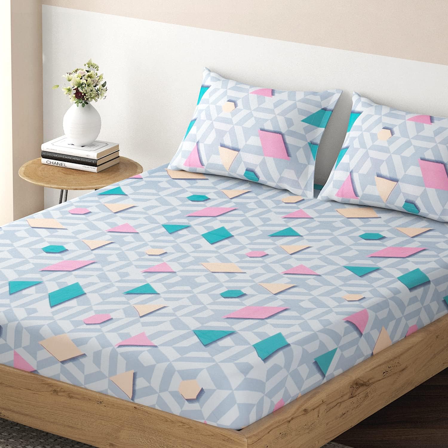 HOKIPO Brushed Microfiber 135 GSM Printed Fitted Bedsheets Single Bed, 78 x 36 inches with 1 Pillow Cover, Abstract Geometric Ca