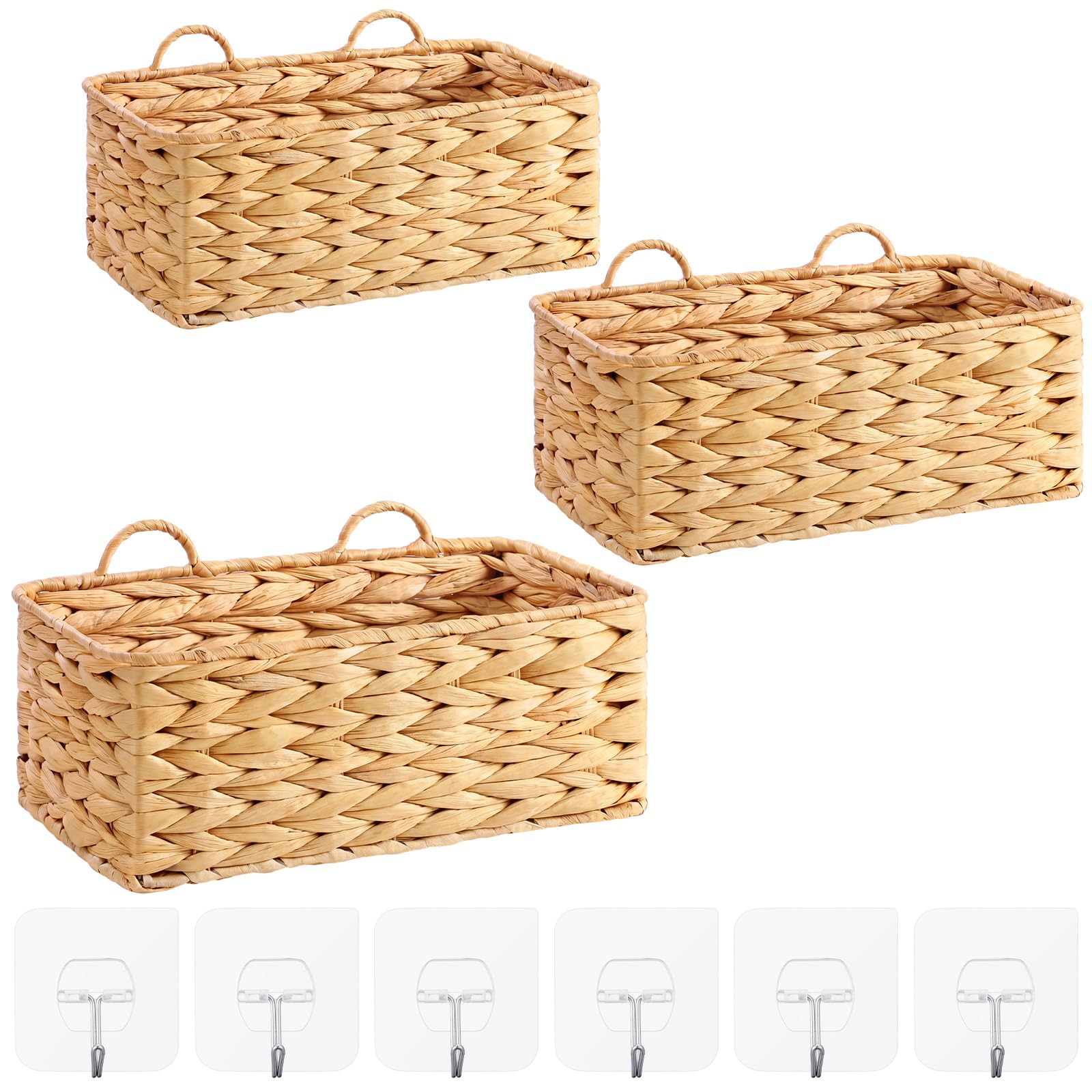 Ferrochef 3 Pcs Wall Hanging Baskets,Rectangle,Natural,Water Hyacinth