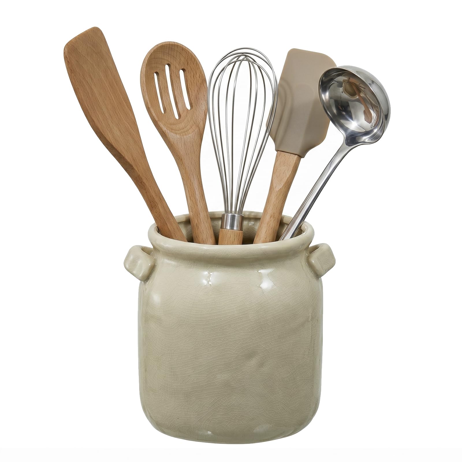 MyGift Ceramic Utensil Holder Crock, Vintage Crackle Finish Kitchen Jar