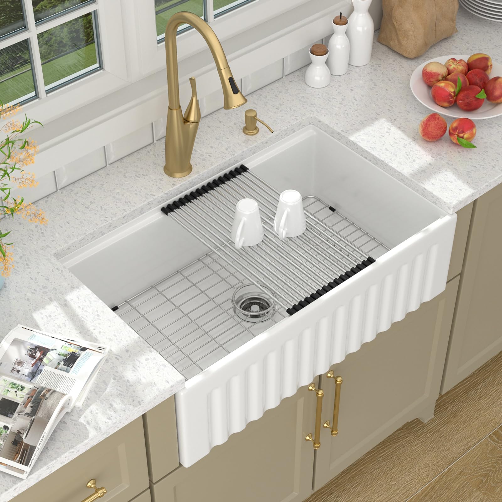 Lordear 33 White Farmhouse Sink Workstation Porcelain Farm Kitchen Sinks White Single Bowl Basin 33X20X10 Inch Large Bowl Sink