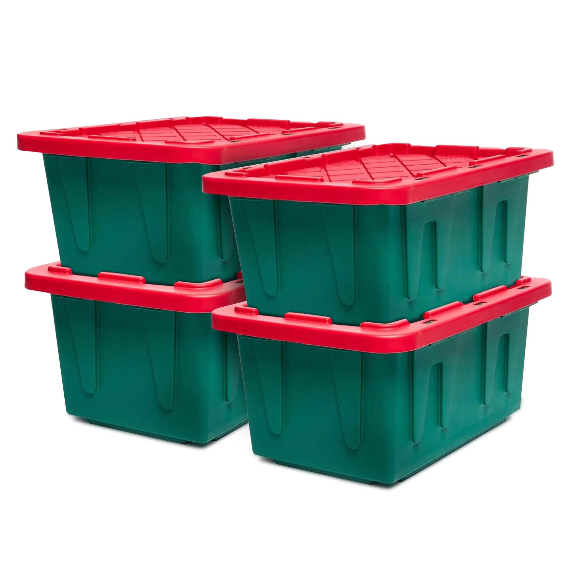 Homz 4-Pack Durabilt, Heavy Duty Plastic Storage Bins With Lids, 15 Gallon, Green/Red