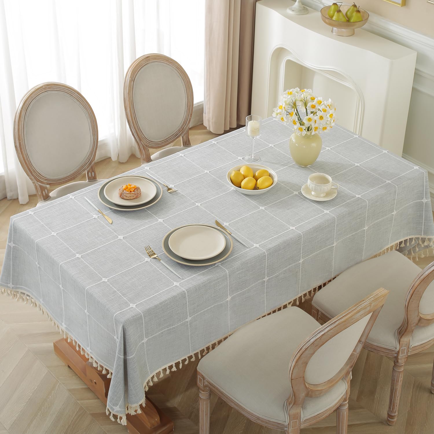 Laolitou Grey Plaid Tablecloth Rustic Burlap Linen Fabric,Washable Outdoor Table Covers With Tassel,Waterproof Table Cover For K