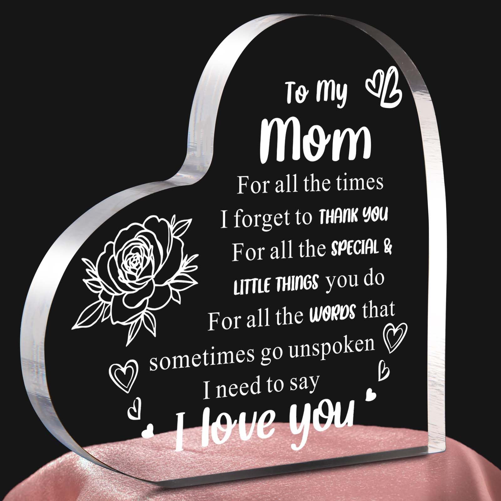Gifts for Mom From Daughter Son, Heart Shaped Acrylic Block For Moms - I Love You Cute Mum Plaque Thanksgiving, Birthday, Christ