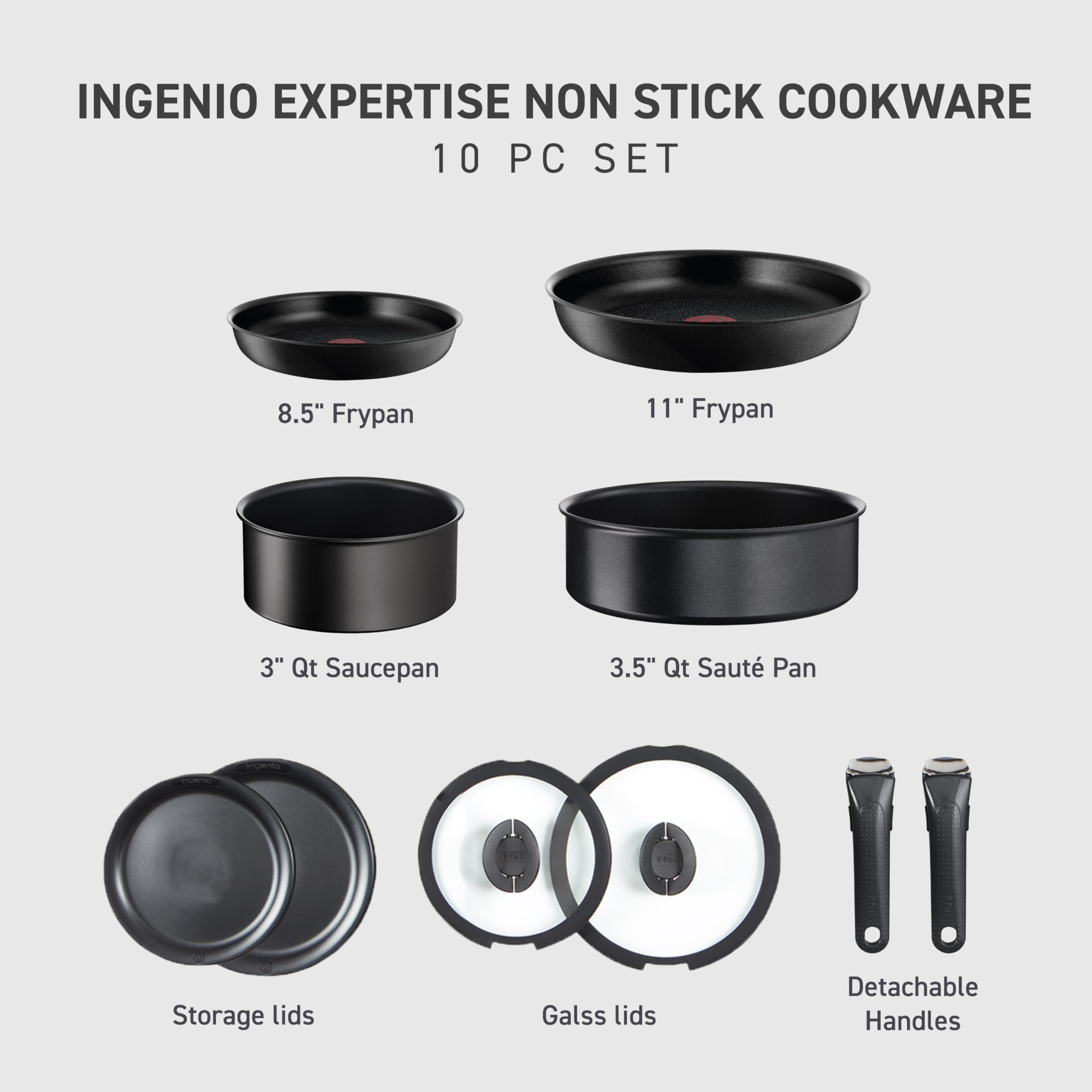 T-fal Ingenio Expertise Non Stick Cookware Set 10 Piece, Induction, Oven Broiler Safe 500F, Stackable Cookware, Pots and Pans Se