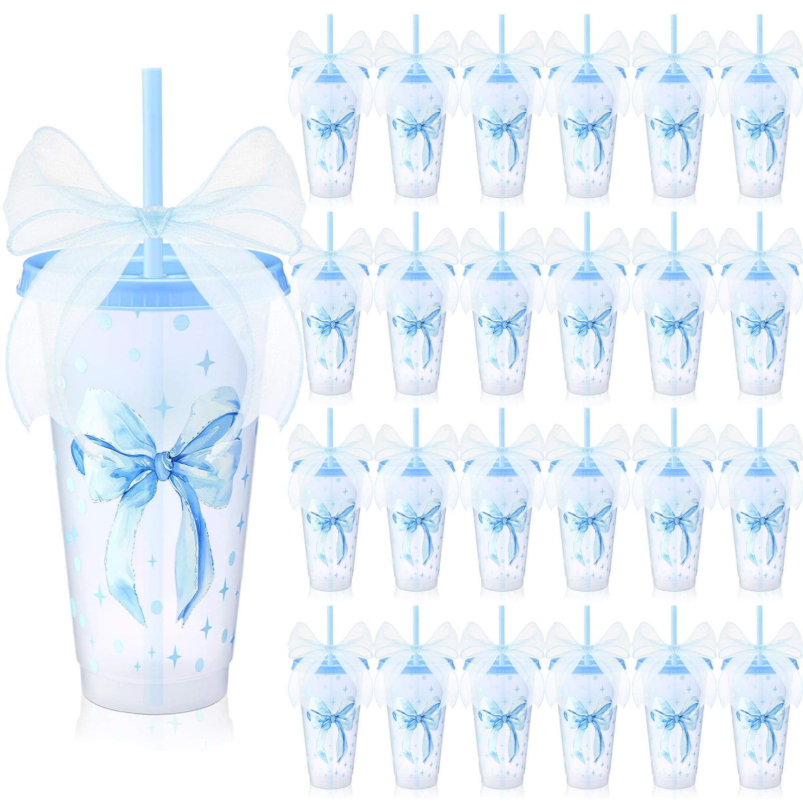 Willinglong 24 Blue Bow Cups with Lid Straw Galentines Party Favor 24 oz
