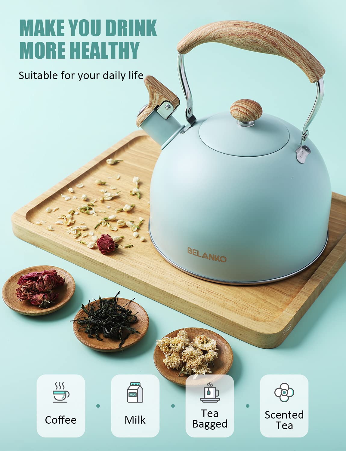 Tea Kettle, Belanko 85 Oz / 2.5 Liter Whistling Tea Kettle, Tea Pots For Stove Top Food Grade Stainless Steel With Wood Pattern