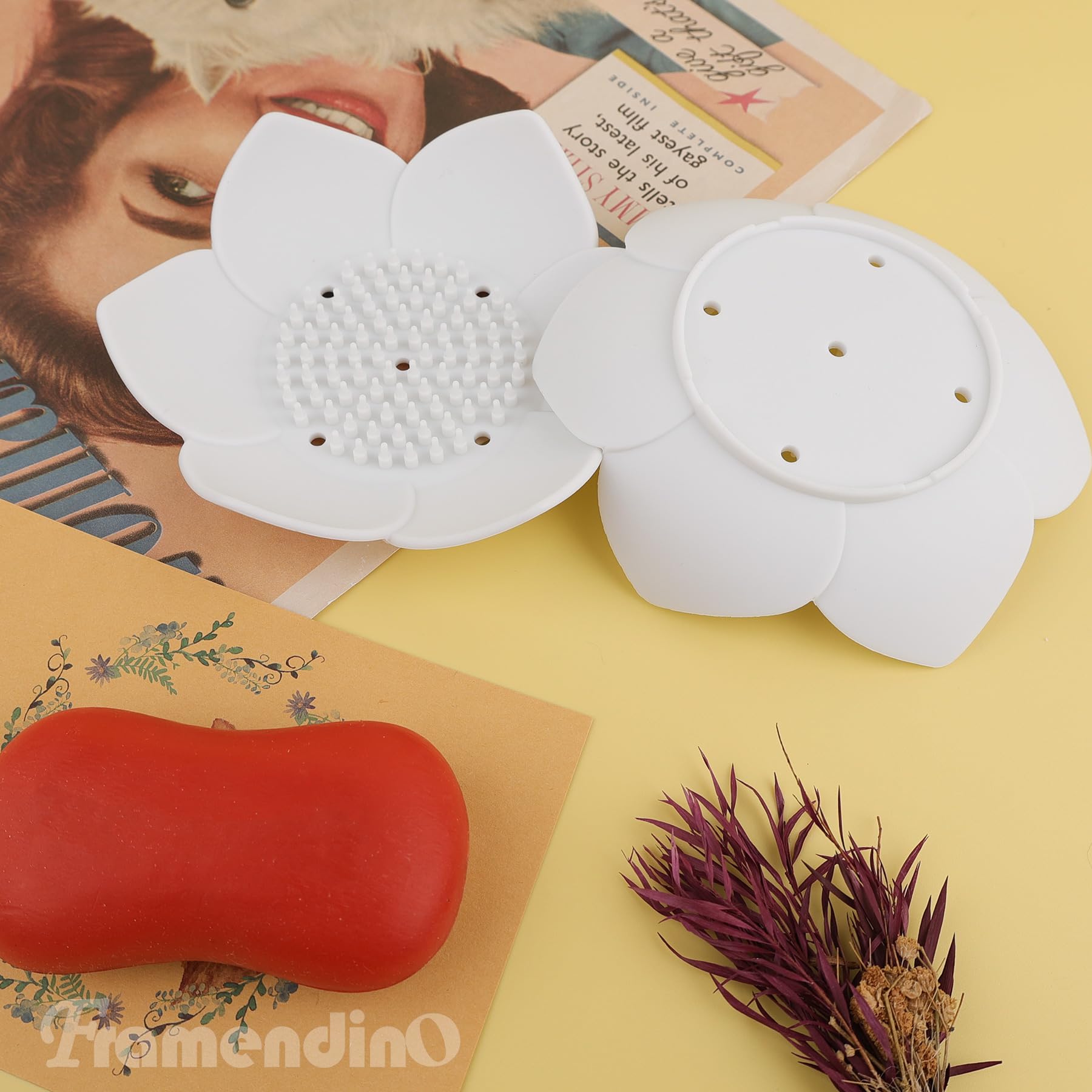 Framendino, 4 Pack White Floral Silicone Soap Dishes Lotus Shaped Design Self-Draining Sponge Bar Soap Holder For Shower Bathroo