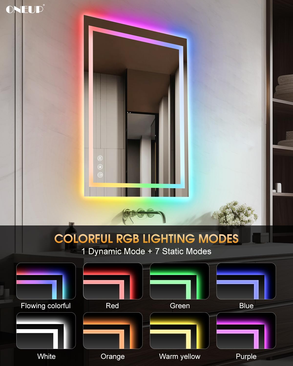 Oneup 24X36'' Rgb Led Bathroom Mirror With Lights,Rgb Color Changing B ...
