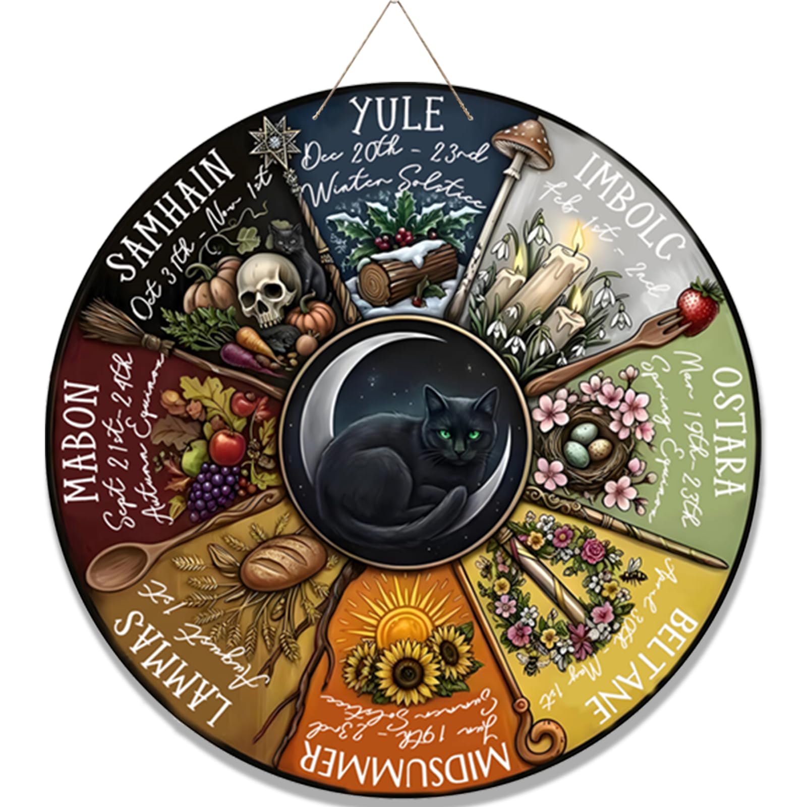 WBQMUNY Wheel of The Year Wood Sign 11.8,Sabbats Pagan Sign Witches Runes Wood Engraved Board Wiccan Holidays,Wicca Calendar,Yul