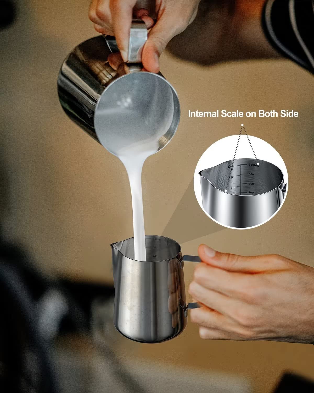 12 Ounces Stainless Steel Milk Frothing Pitcher, Measurements On Both Sides, Espresso Machine Accessories, Latte Art Cup With In
