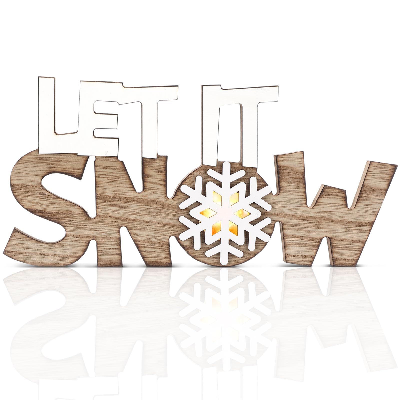 Bucherry Winter LED Wooden Snowflake Sign Rustic Tabletop Wood Snowflake Centerpiece Vintage Winter Decor Xmas Plaque Freestandi