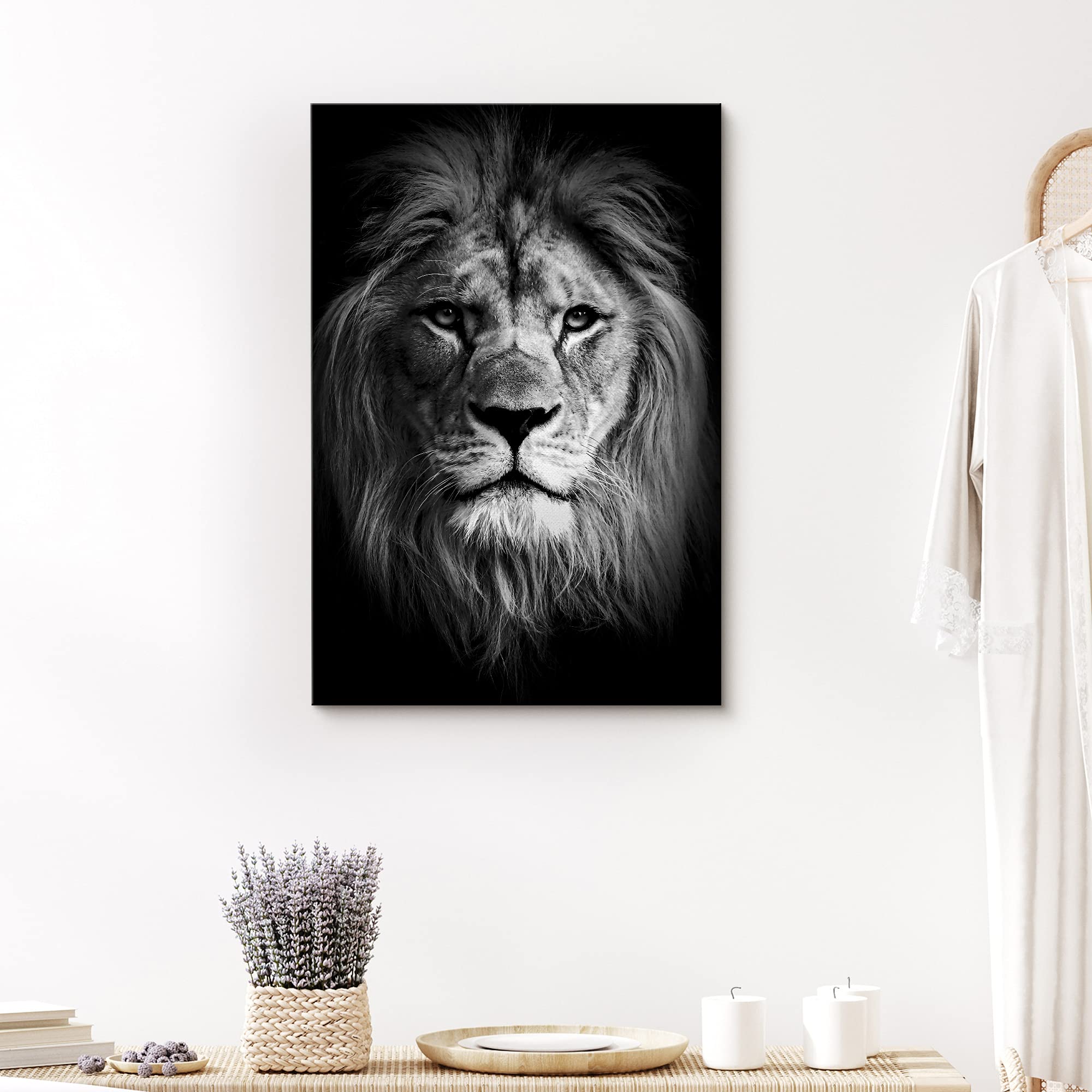Signford Canvas Print Wall Art Portrait Of Lion Animals Wildlife Photography Realism Modern Closeup Dramatic Dark Black And Whit