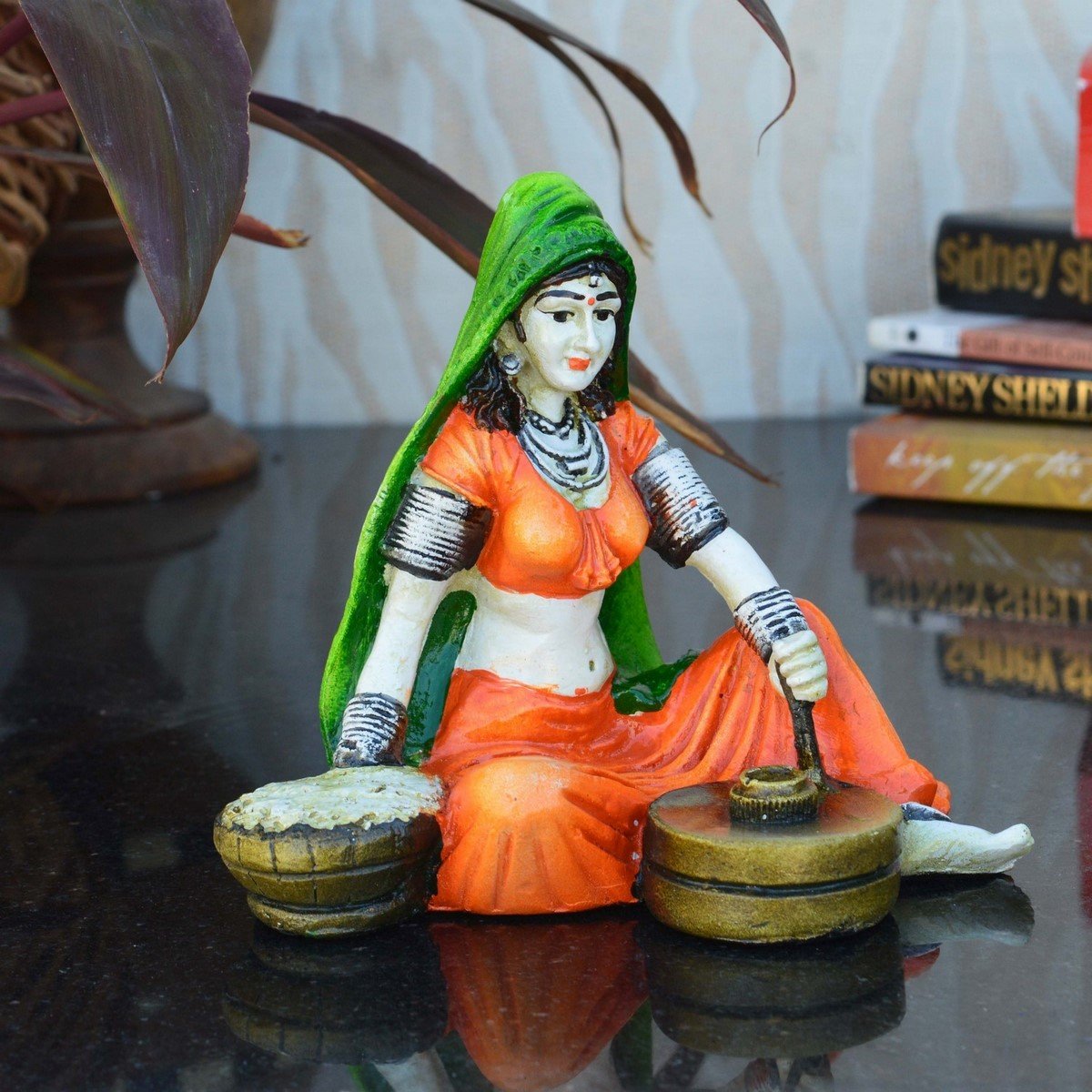 Ecraftindia Rajasthani Lady Using Flour Machine Polyresin Statue (15 Cm X 12.5 Cm X 12.5 Cm, Orange And Red)