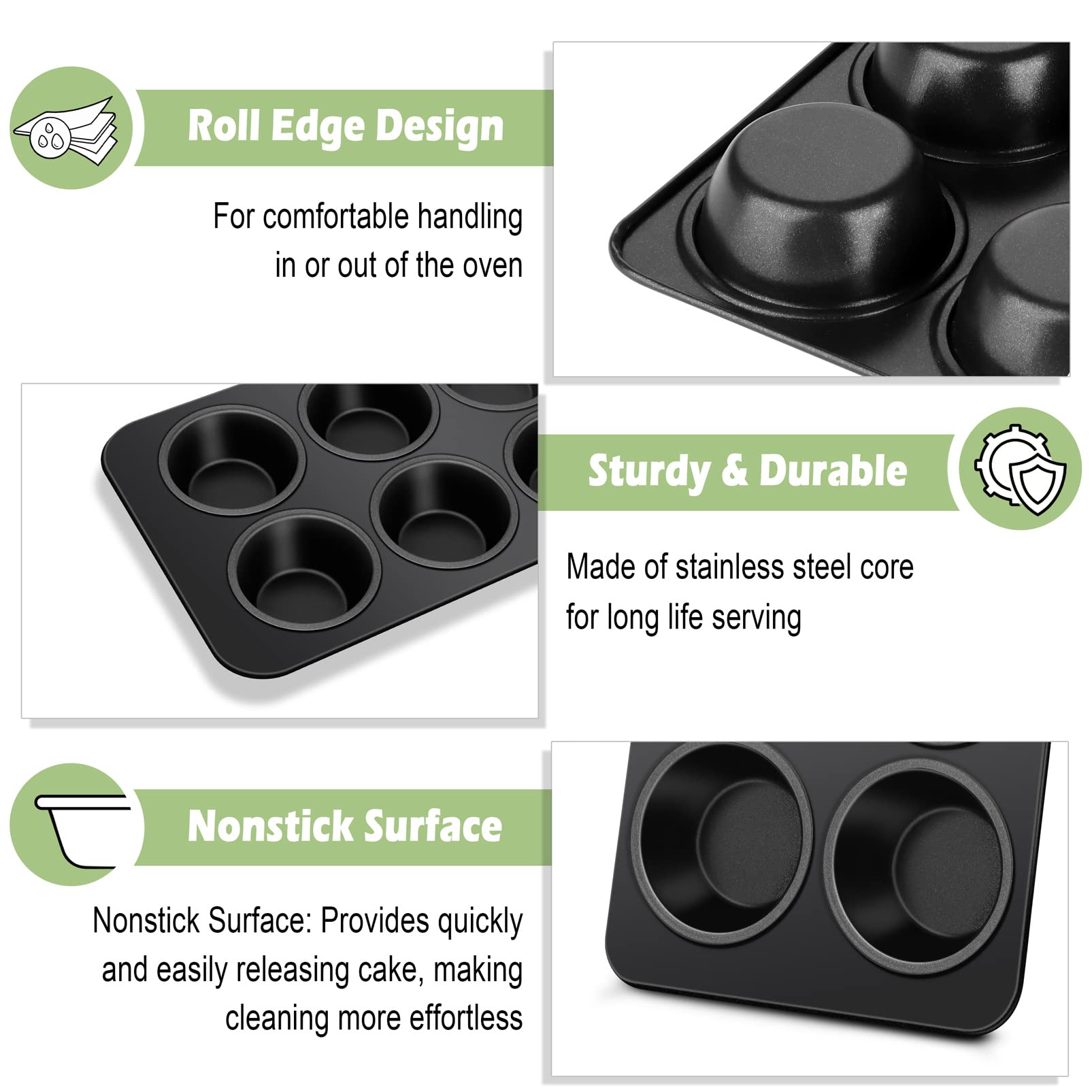 Teamfar Muffin Pan, 6 Cup Muffin Tin Cupcake Pan Tray With Nonstick Coating And Stainless Steel Core, For Home/Kitchen Baking, H