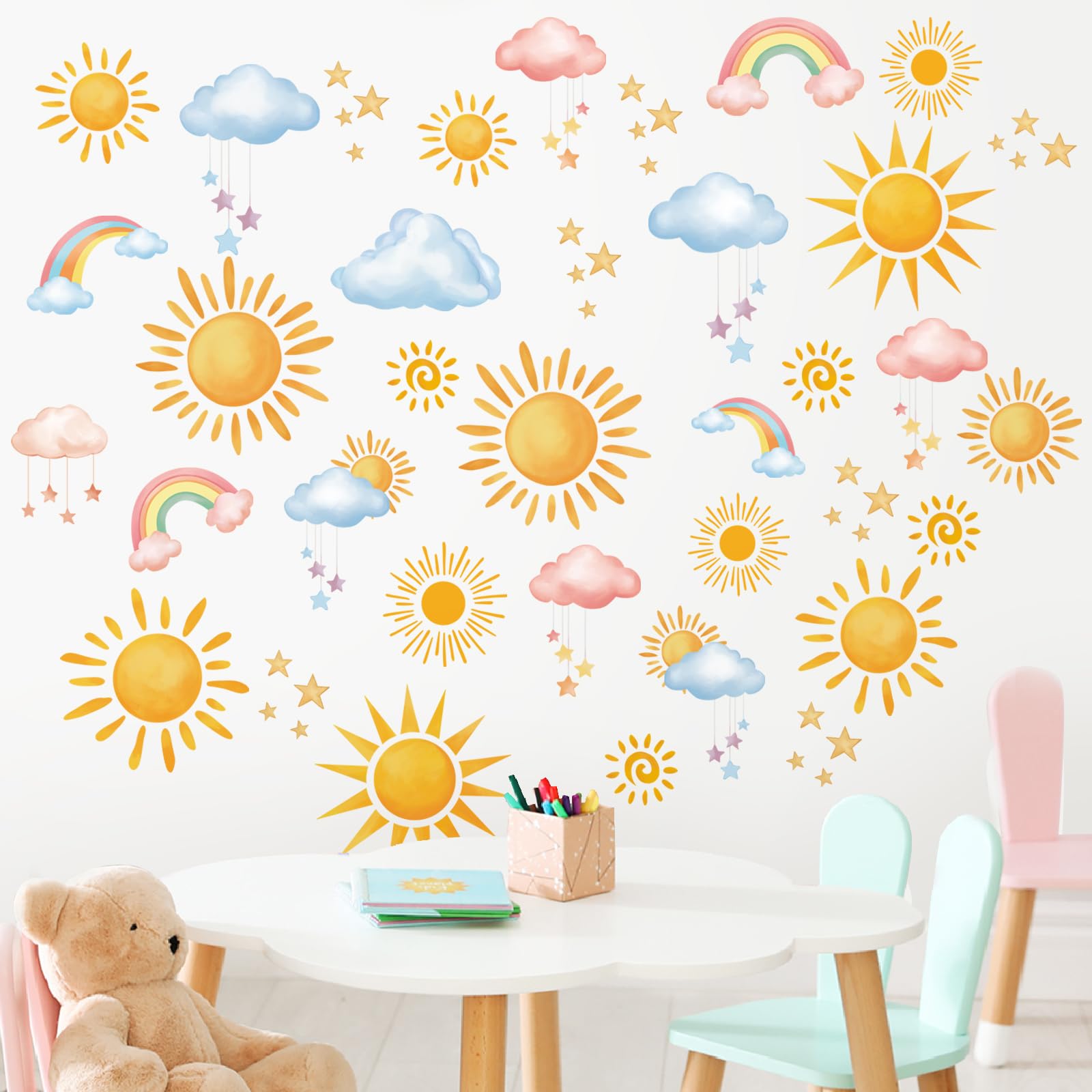 fufuquare Watercolor Sun Rainbow Cloud Star Wall Decals, Weather Theme Peel and Stick Removable DIY Wall Stickers for Kids Bedro