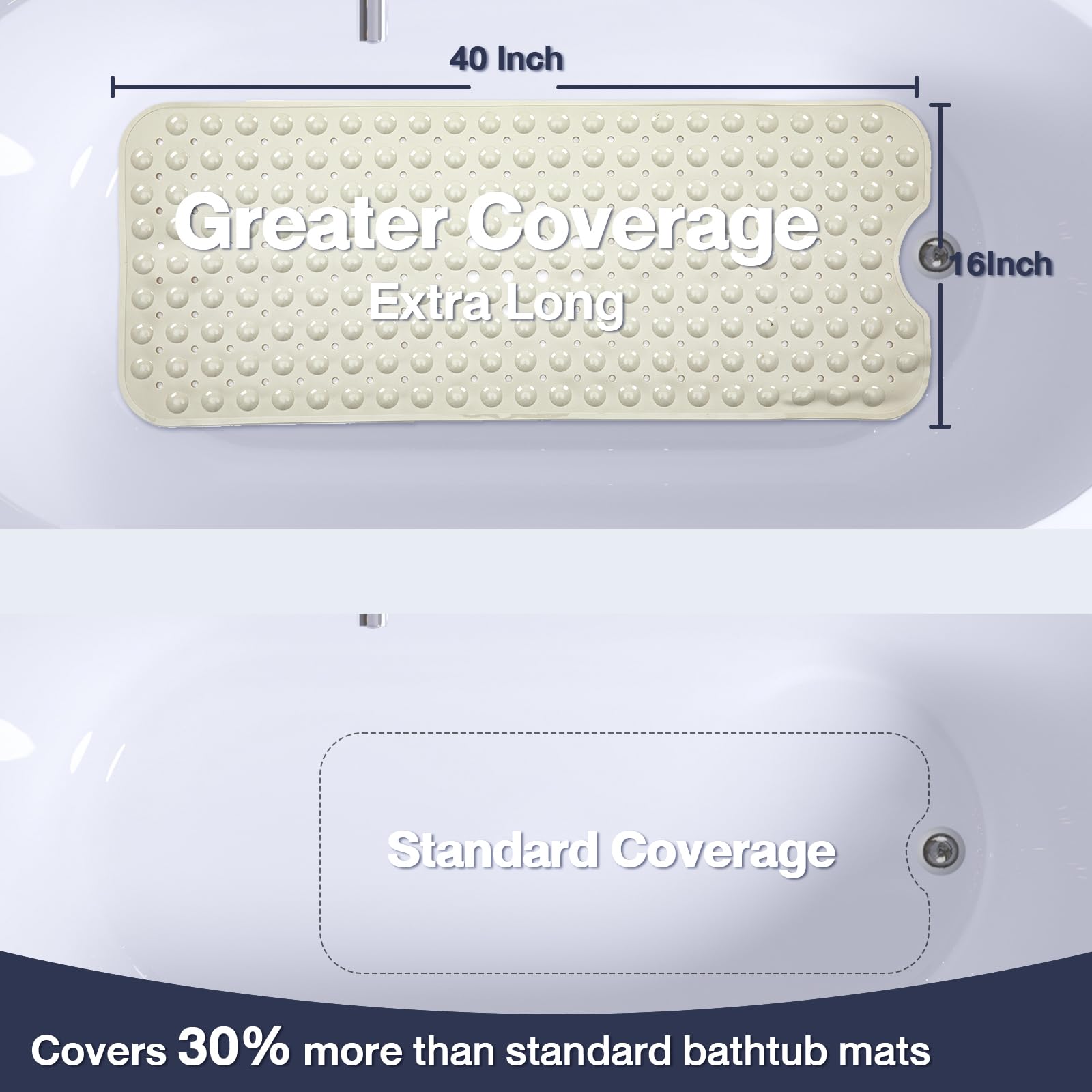 Naoloture Extra Long Bathtub Mat Non Slip, Beige Soft Bath Mat For Tub 40 X 16 Inch Full Size, Bath Tub Shower Mats For Bathroom