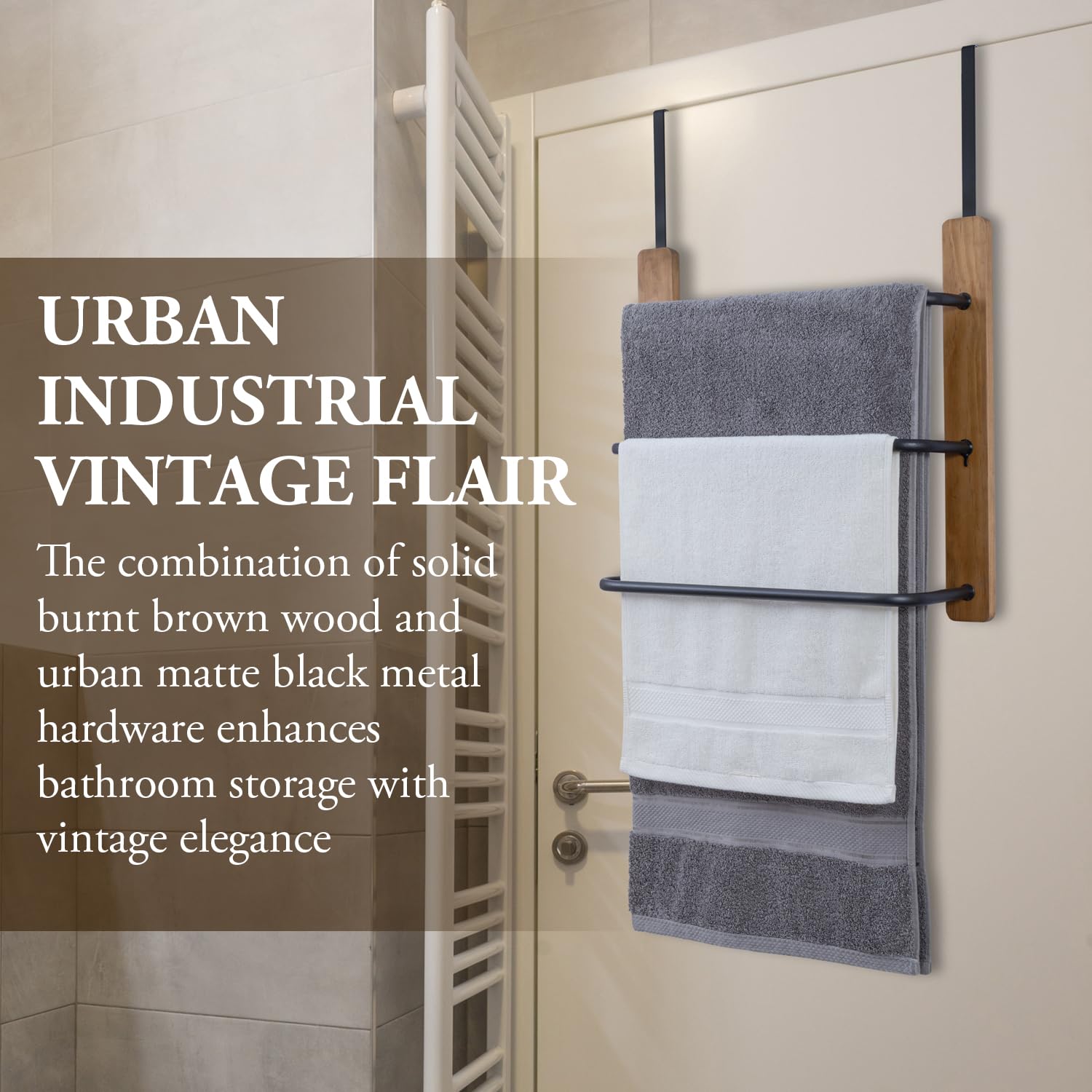 Mygift Rustic Over The Door Towel Rack, 3 Tier Solid Burnt Wood And Matte Black Metal Space Saving Bathroom Door Hanging Towel B