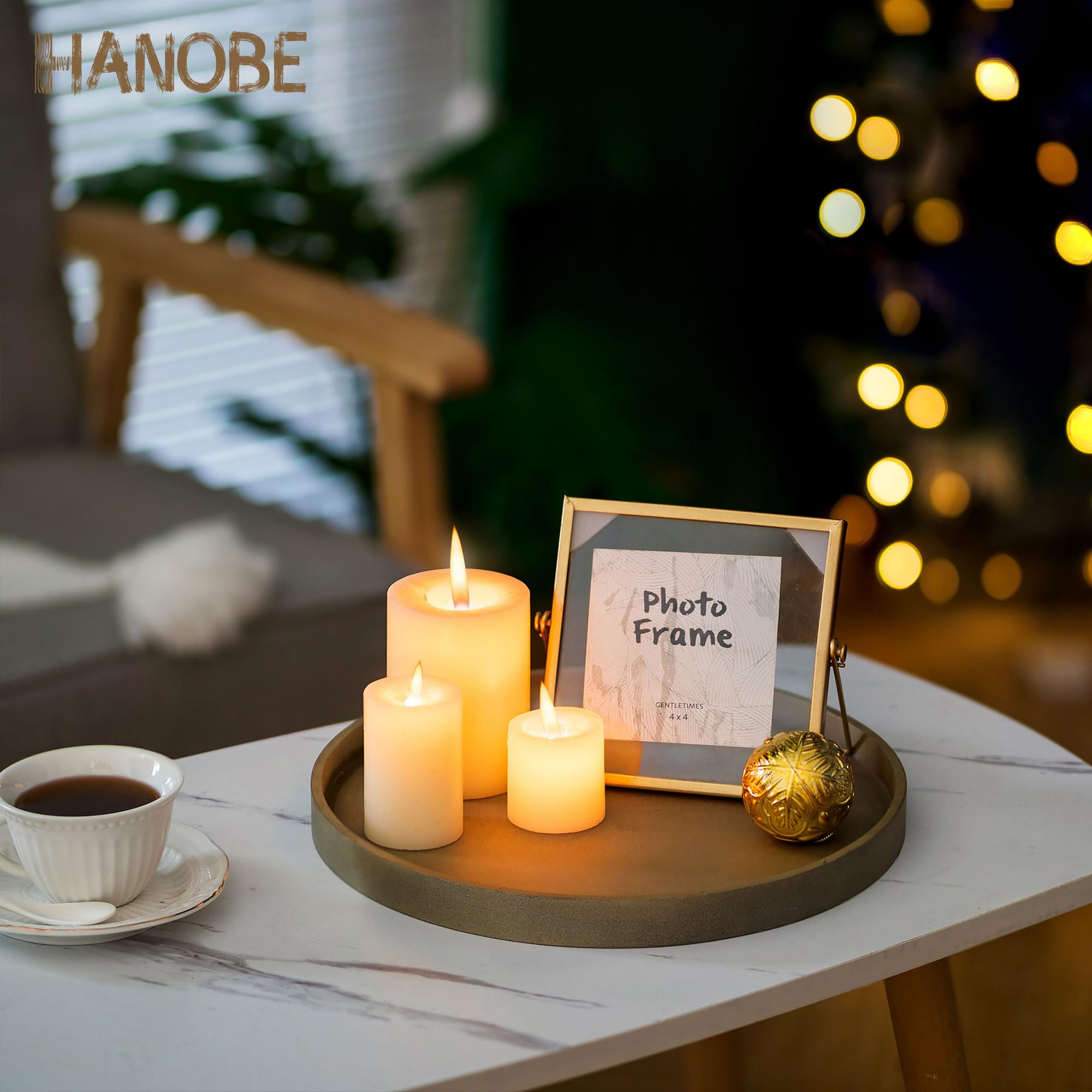 Hanobe Decorative Coffee Table Tray: Rustic Muted Metallic Gold Wood Tray Round Wooden Circle Trays 12'' Farmhouse Centerpiece C