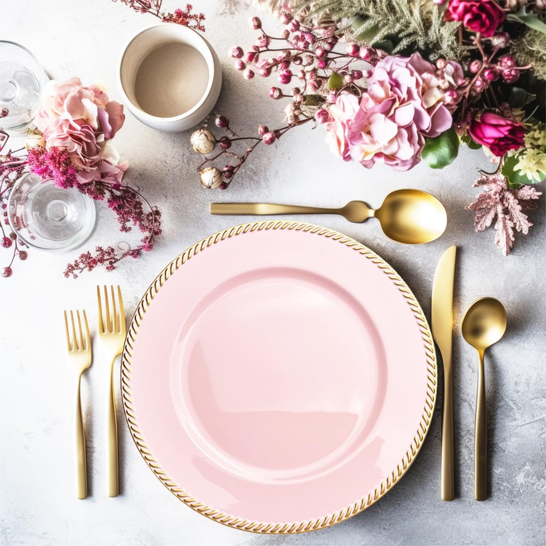 Umisriro 12 pcs Pink Charger Plates, 13 Inch Plastic Round Charger Plates for Dinner, Tabletop Decor, Wedding, Event Decoration.