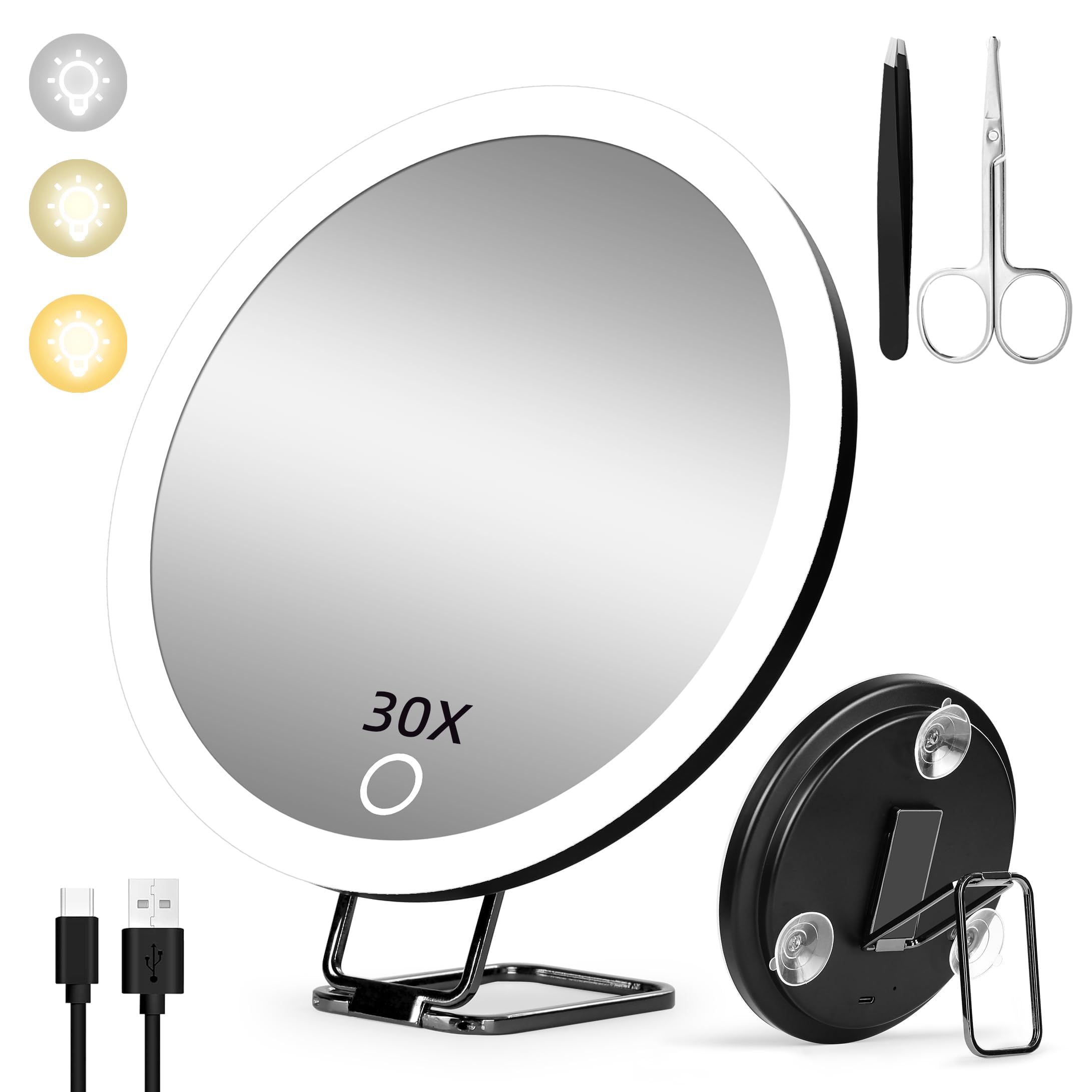 30X Magnifying Mirror With Light, Large 6 '' Rechargeable Lighted 30X Magnified Mirror With Suction Cups & Table Stand, 3 Color