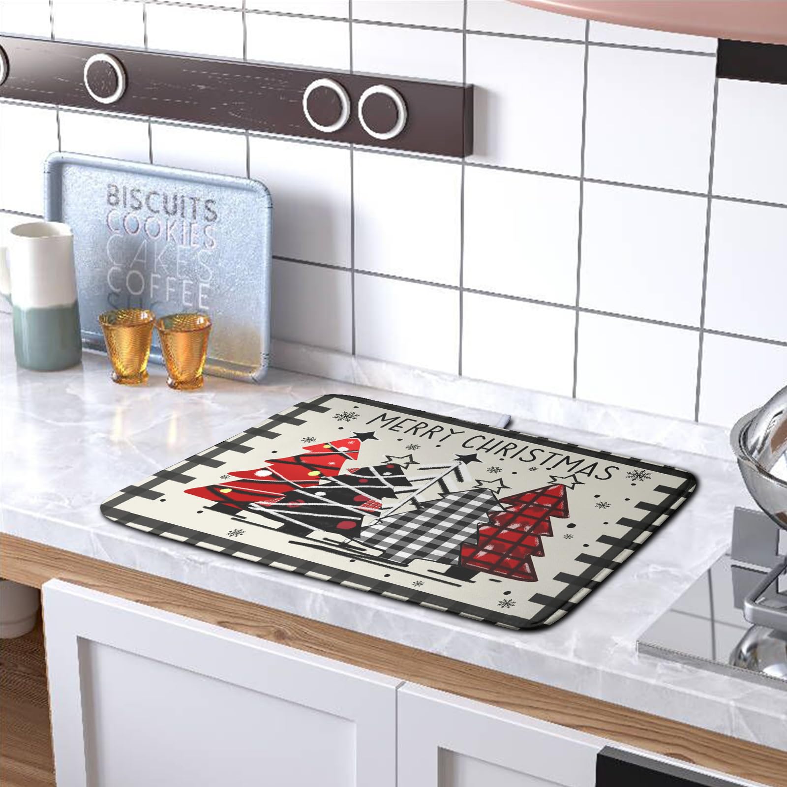 Kwlegh Merry Christmas Dish Drying Mats for Kitchen Counter 16x18 Buffalo Plaid Christmas Tree Microfiber Absorbent Drying Mat S