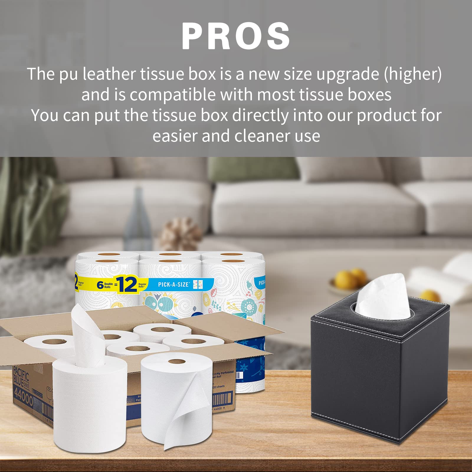 Rhcsz Pu Leather Tissue Box Cover Square,Upgrade Large Size Napkin Holder Pumping Paper Case Dispenser,Facial Tissue Holder With