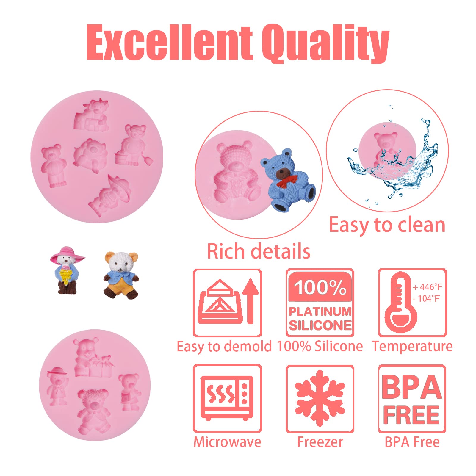 Teddy Bear Chocolate Silicone Molds 4 Pcs, Cute Baby Bears Fondant Mold For Cake Decoration, Candy Sugar, Cupcake Topper, Cake P