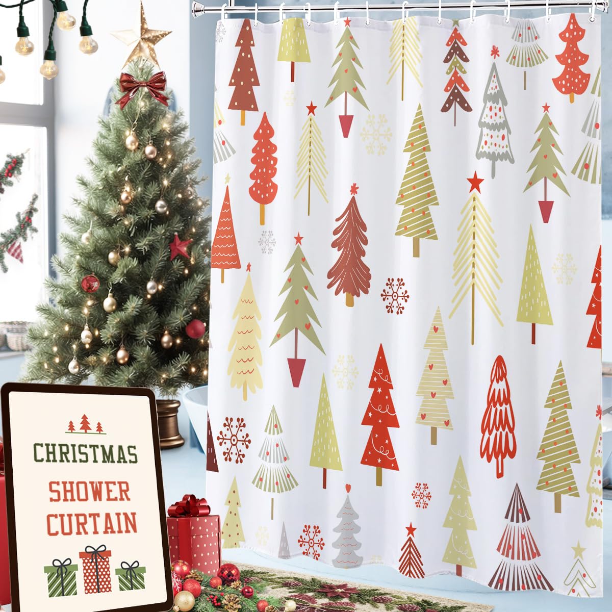 LYLYCTY Red Christmas Tree Shower Curtain,Winter Boho Shower Curtains for Bathroom Fabric Washable 72x72 Inches