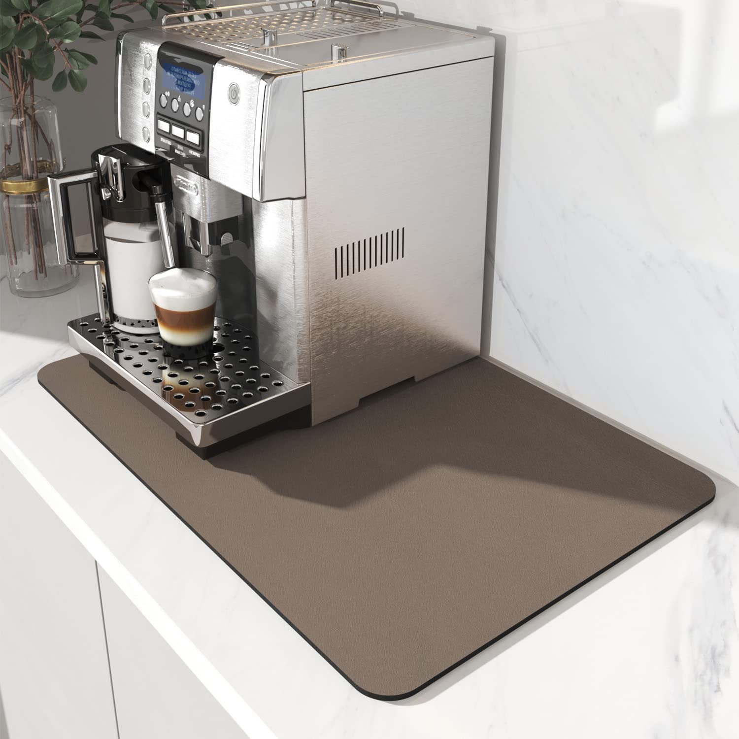 AMOAMI Coffee Mat Hide Stain Rubber Backed Absorbent Dish Drying Mat for Kitchen Counter - Brown, Fits Under Coffee Maker & Mach