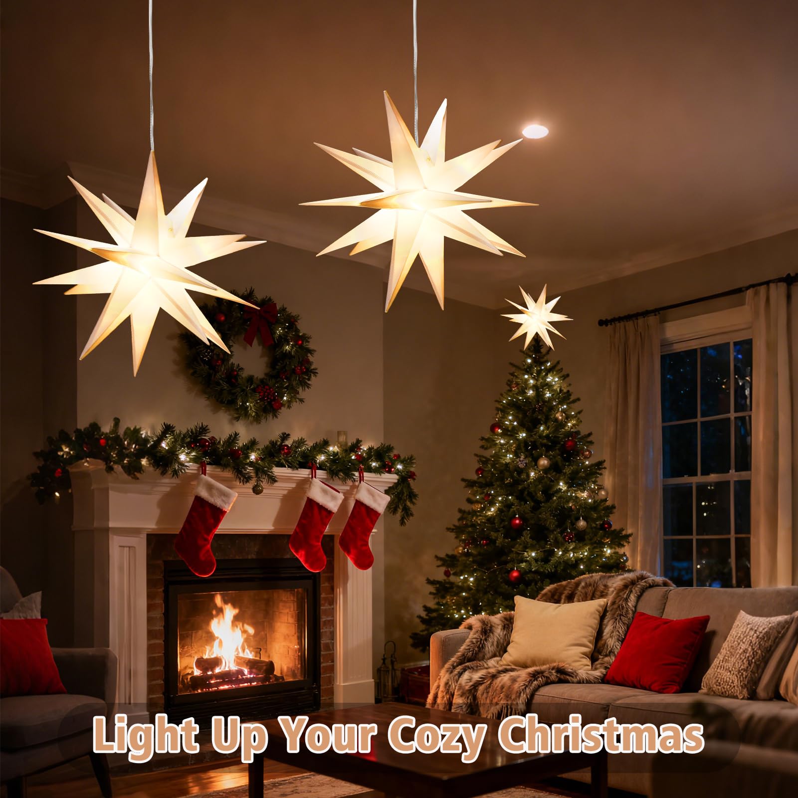 Grinsvalley 3 Sets Christmas Star Lantern Moravian Light 23 Star 3D Plastic Waterproof White Hanging Lamp with Twinkle LED Bul