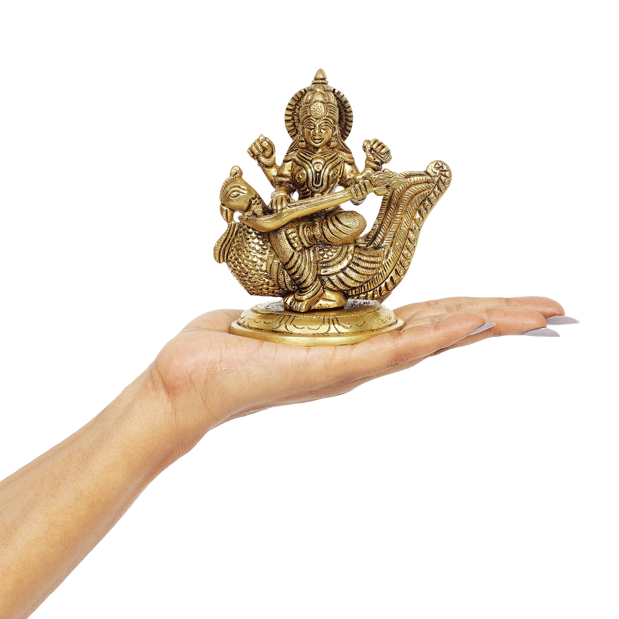 10Club Goddess Saraswati Idol - 1Pc (11.5 cm, 850 Grams) - 100% Pure Brass | Saraswati Sitting on a Peacock for Desk, Pooja, Hom