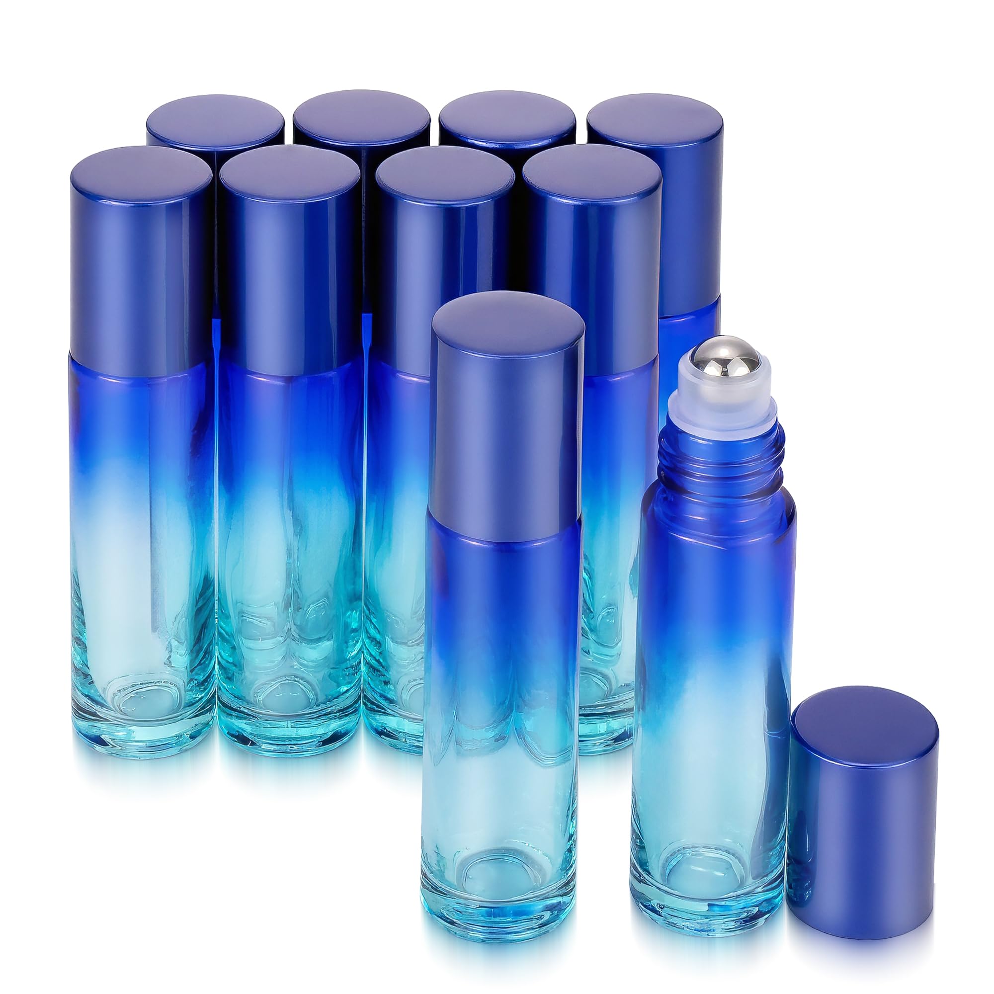 JIUWU 10 Ml Essential Oil Roller Bottle,10 Pack Empty Glass Vials, Blue Gradient Colour Empty Glass jars,Refillable Roller Bottl