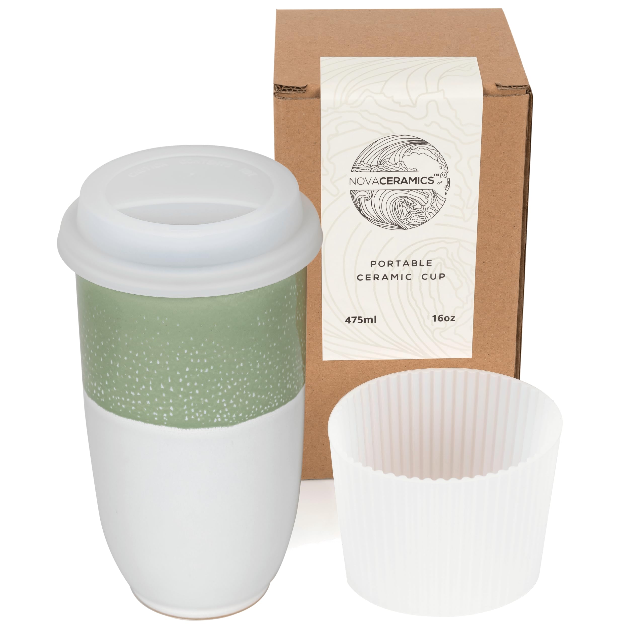NOVA CERAMICS Travel Mug - Tea Tumbler- Microwave & Dishwasher Safe Coffee Mug Green & White Tumbler - Gifts For Women Men Him H