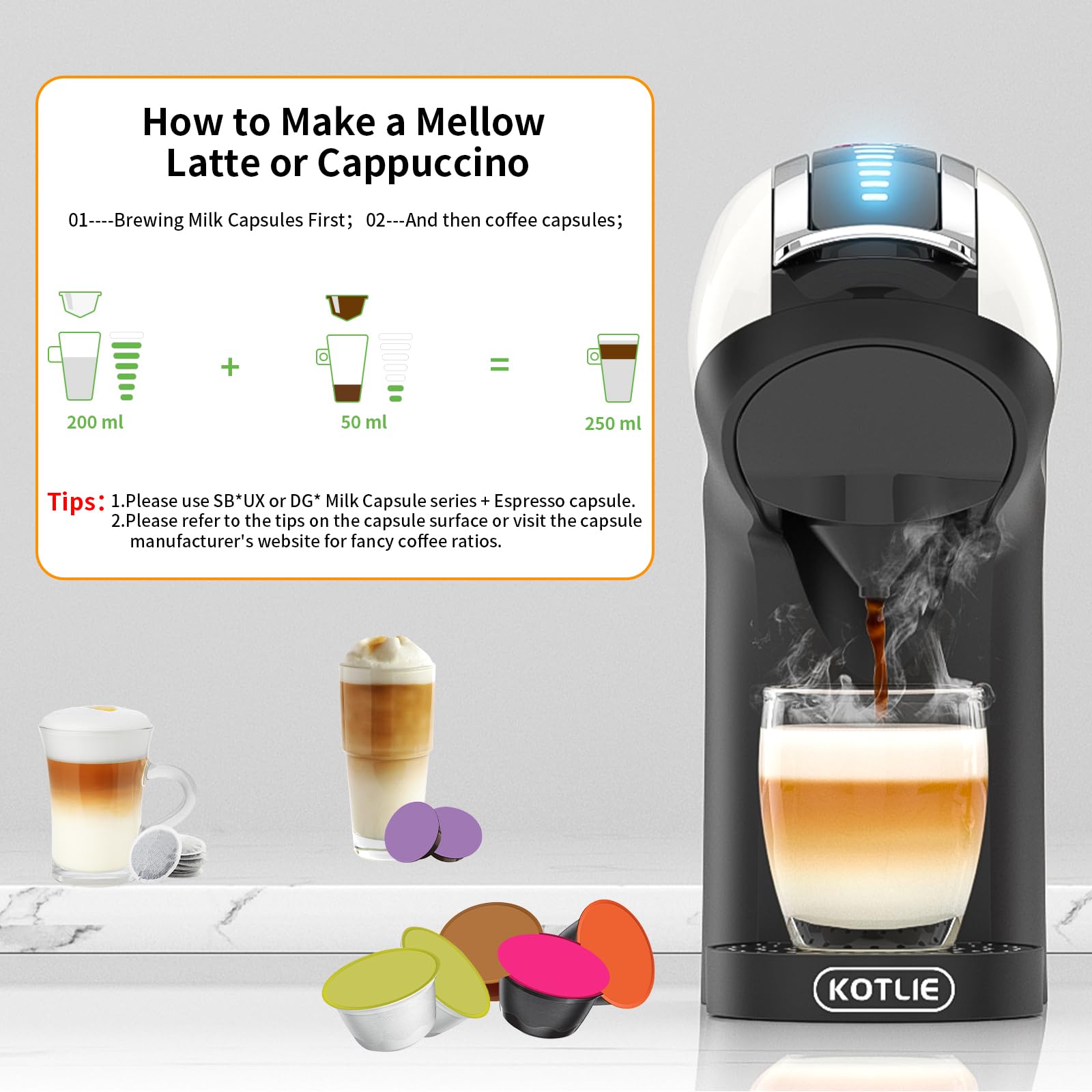 Kotlie 5In1 19Bar Multicapsule Espresso Coffee Machine, Cold&Hot Brewing Single-Serve Coffee Maker, Cappuccino&Latte Maker For K