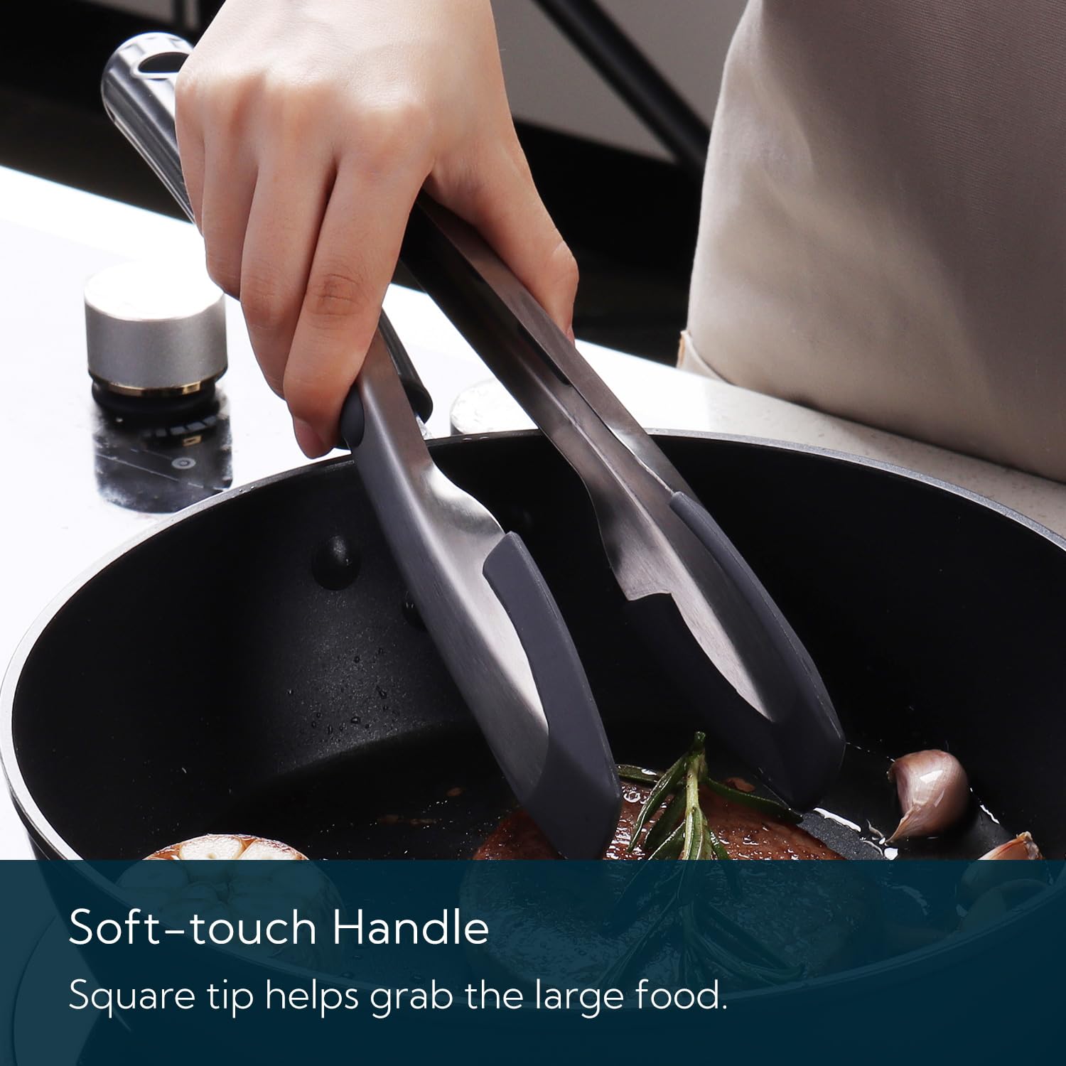 Kitchendao Tongs For Cooking With Silicone Tips 9 Inch, One-Handed For Convenience, Soft-Touch Handle, Silicone Tipped Stainless
